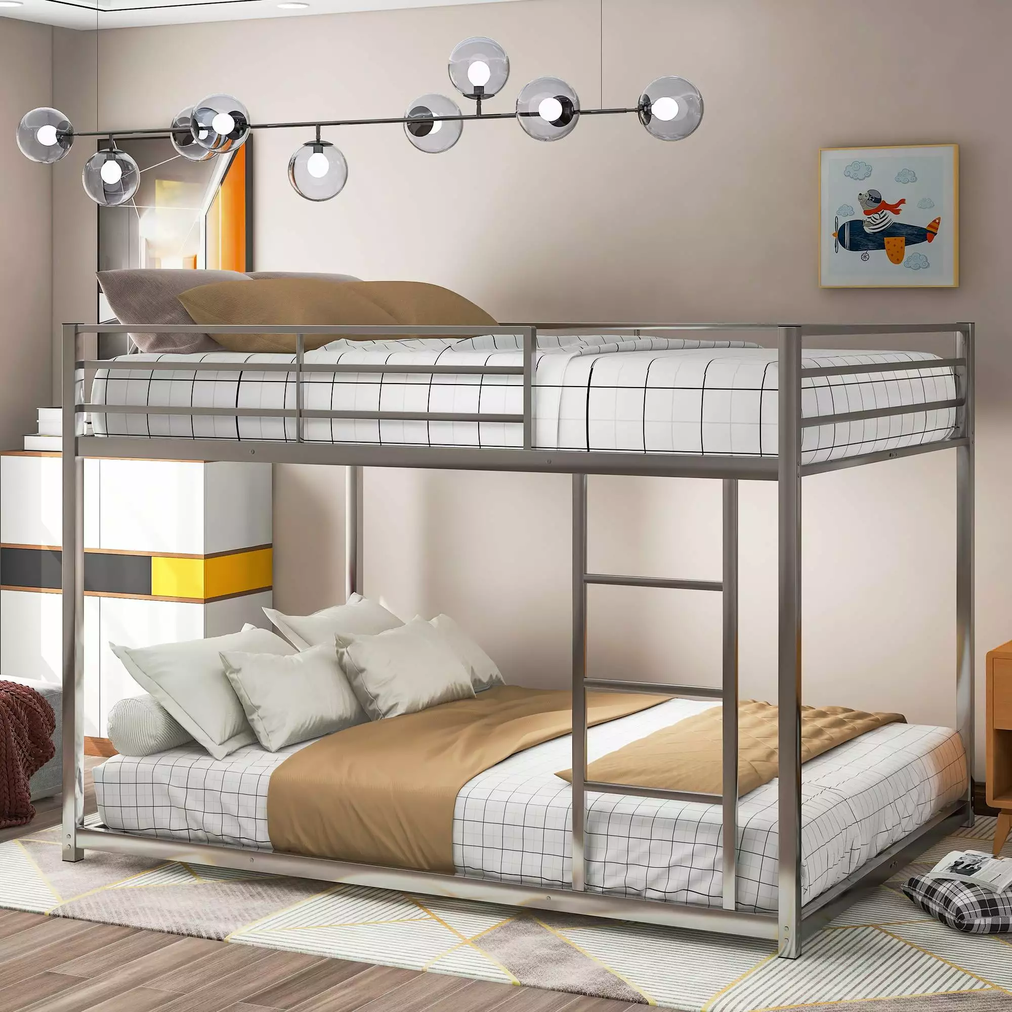 Full over Full Low Bunk Bed Kids Teens Adults Metal Bunk Bed Frame Ladder and Protectty Guardrails Load-Bearing 350lb Nois...