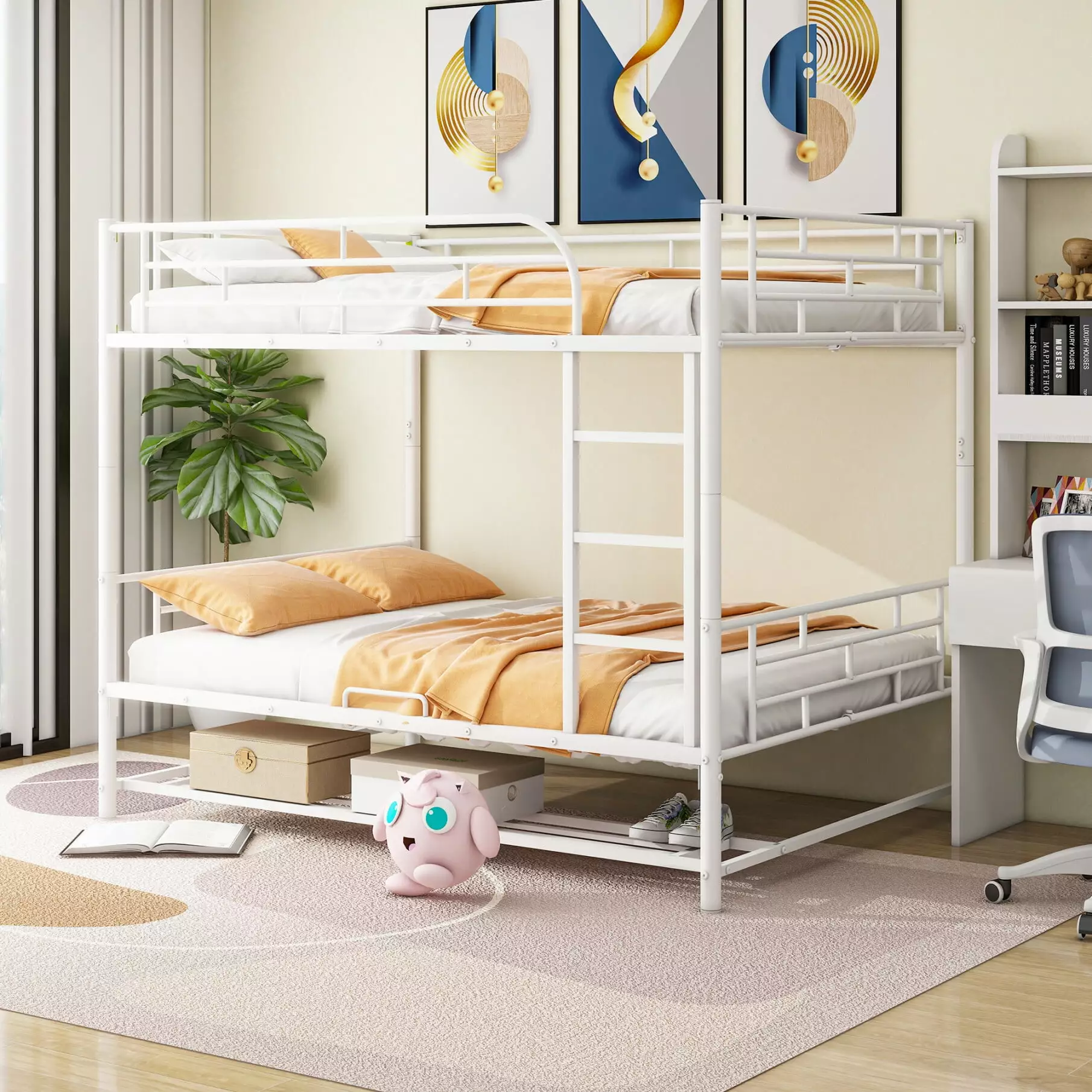 Full Over Full Metal Bunk Bed Kids and Adults Under-Shelf and Ladder No Box Spring Needed White ARCTICSCORPION