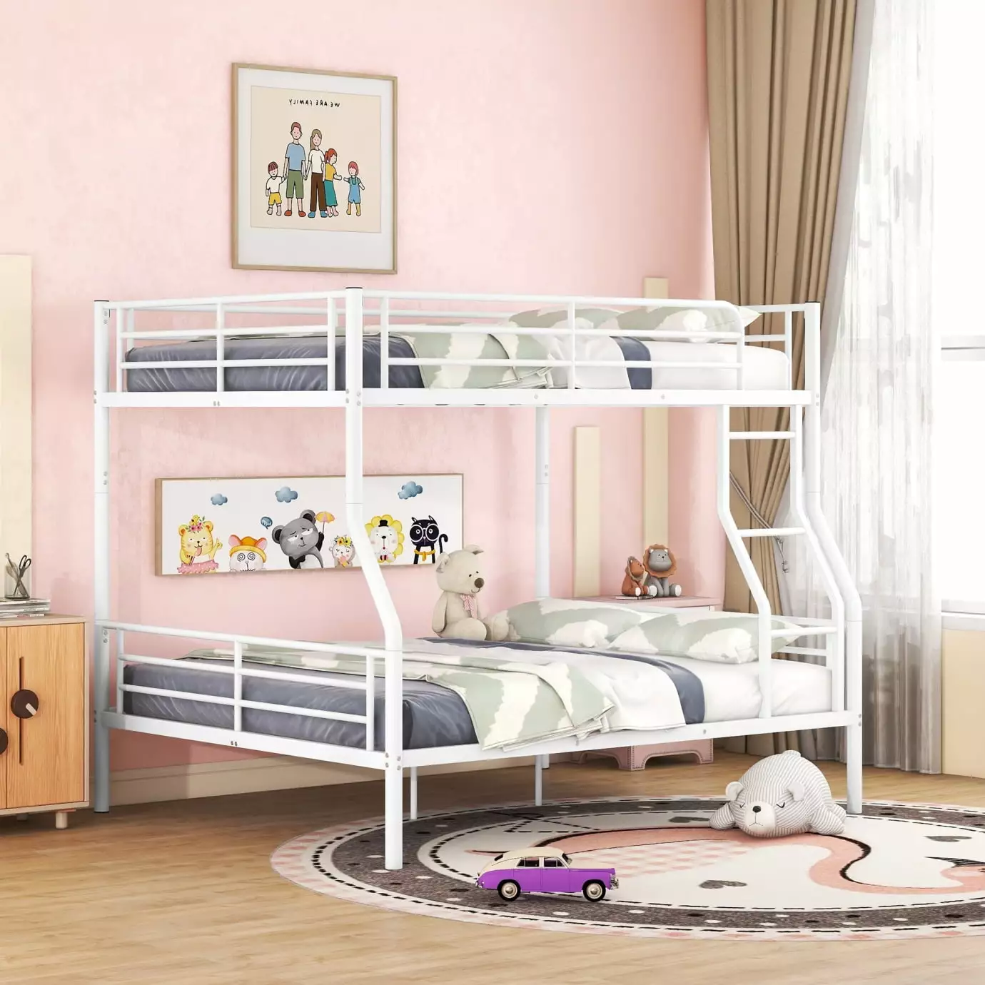 Full over Queen Bunk Bed - Modern Metal Heavy Duty Bunk Bed Guard Rail White ARCTICSCORPION