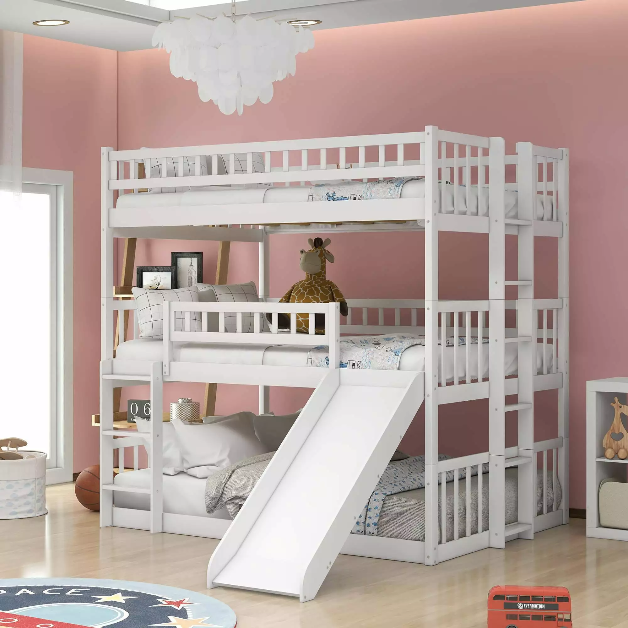 Full Triple Bunk Bed Slide Full Over Full Over Full Wood Bunk Bed Frame Guard Rail and Ladder White ARCTICSCORPION