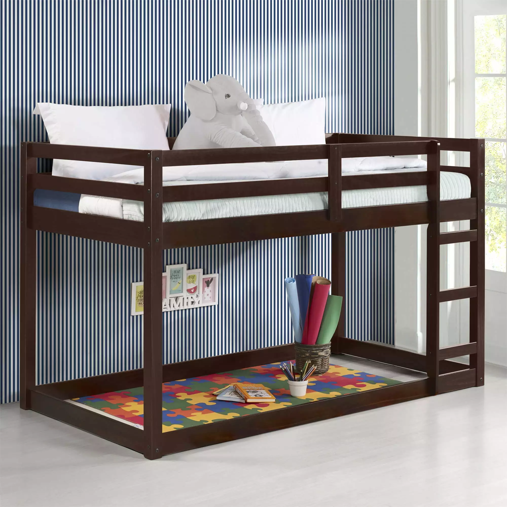 Solid Wood Twin Over Twin Low Bunk Beds Kids Guard Rail and Ladder Expresso ARCTICSCORPION