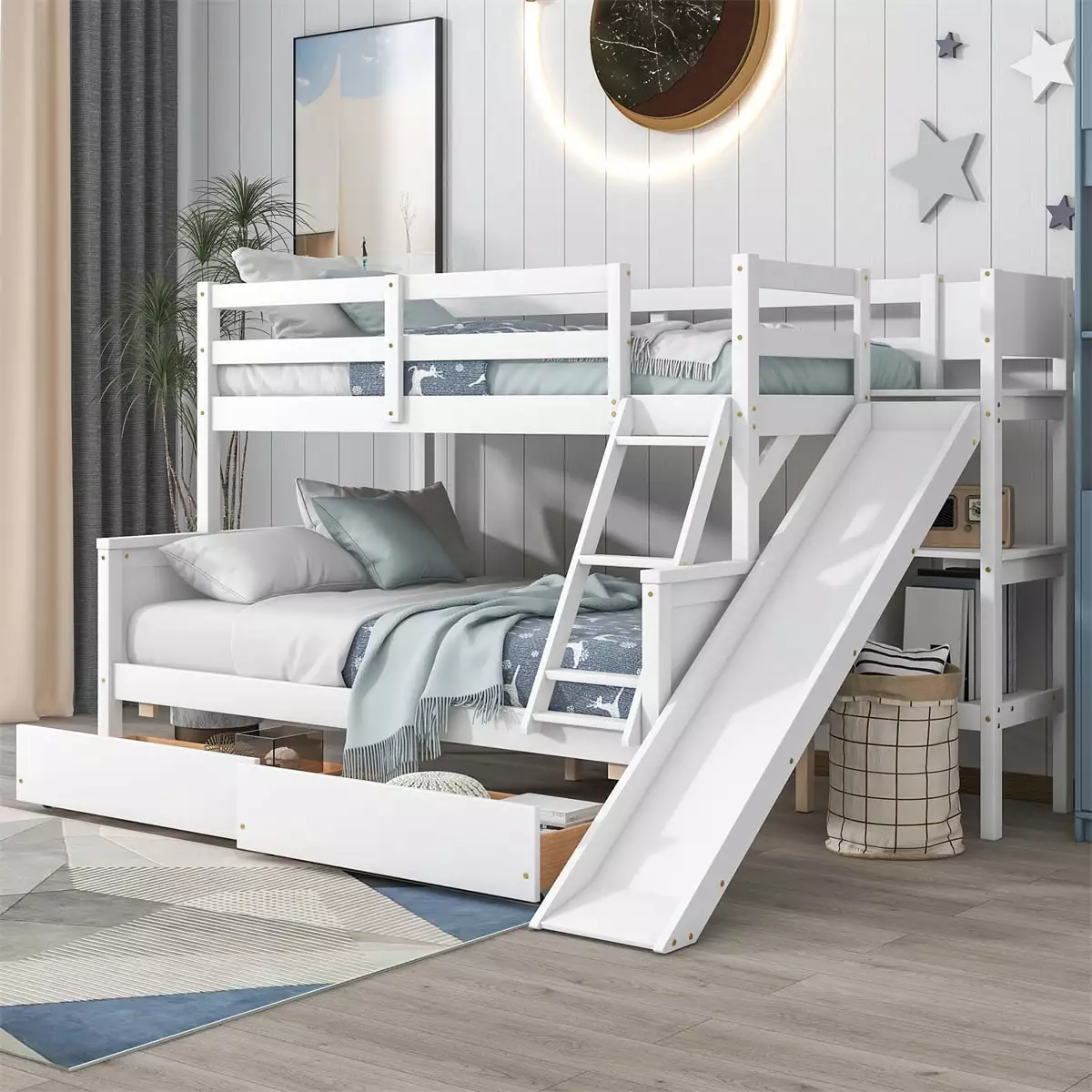 Twin Over Full Bunk Bed 2 Drawers Wood Storage Bunk Bed Slide and Shelves Kids Bunk Bed Frame Ladder and Guardrail White A...
