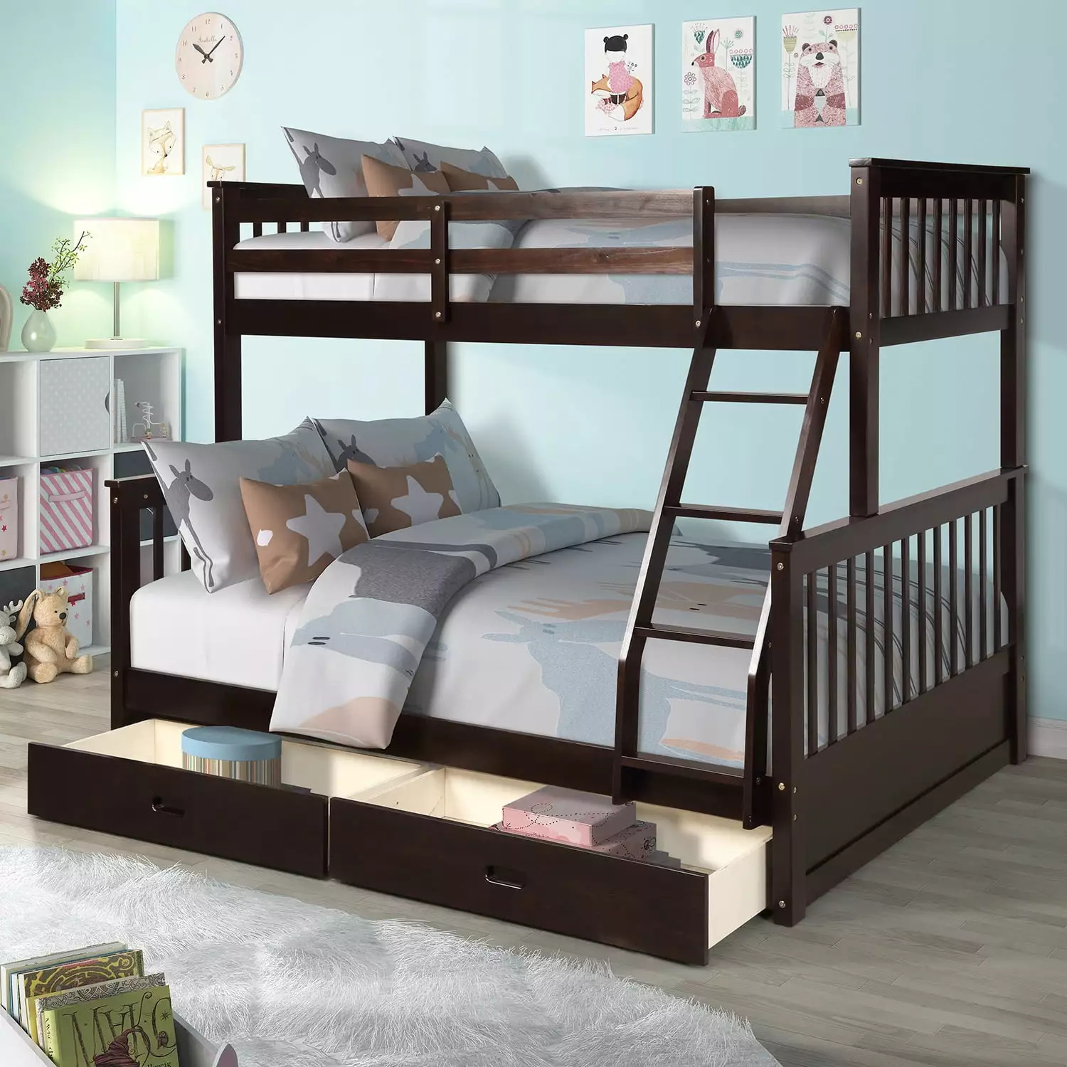 Twin Over Full Bunk Bed Ladders and Two Storage Drawers Solid Wood Convertible to 2 Separated Frames No Box Spring Needed ...