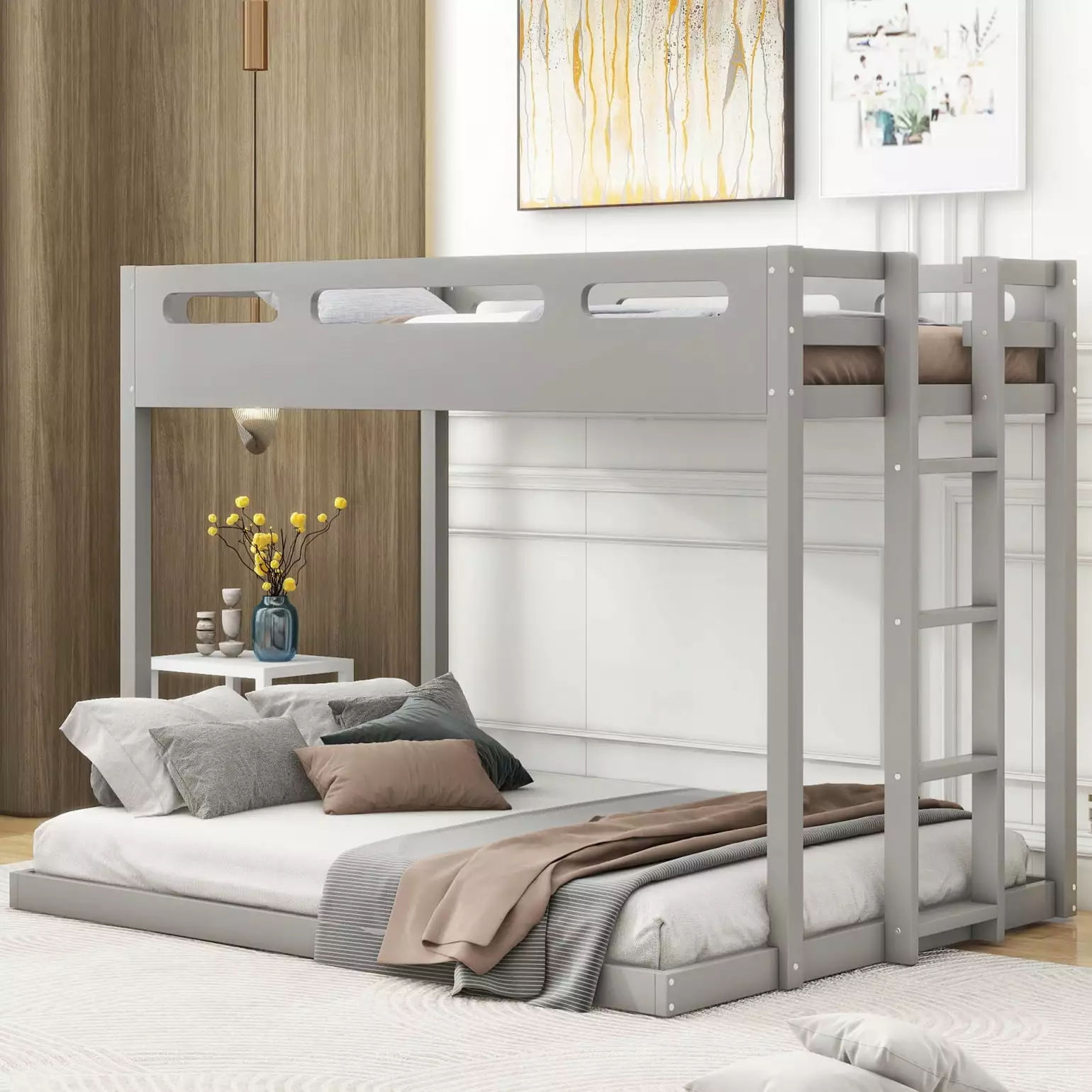 Twin Over Full Bunk Bed Solid Wood Frame Full-Length Guardrail and Built- Ladder Low Bunk Bed Boys Girls Adults No Box Spr...
