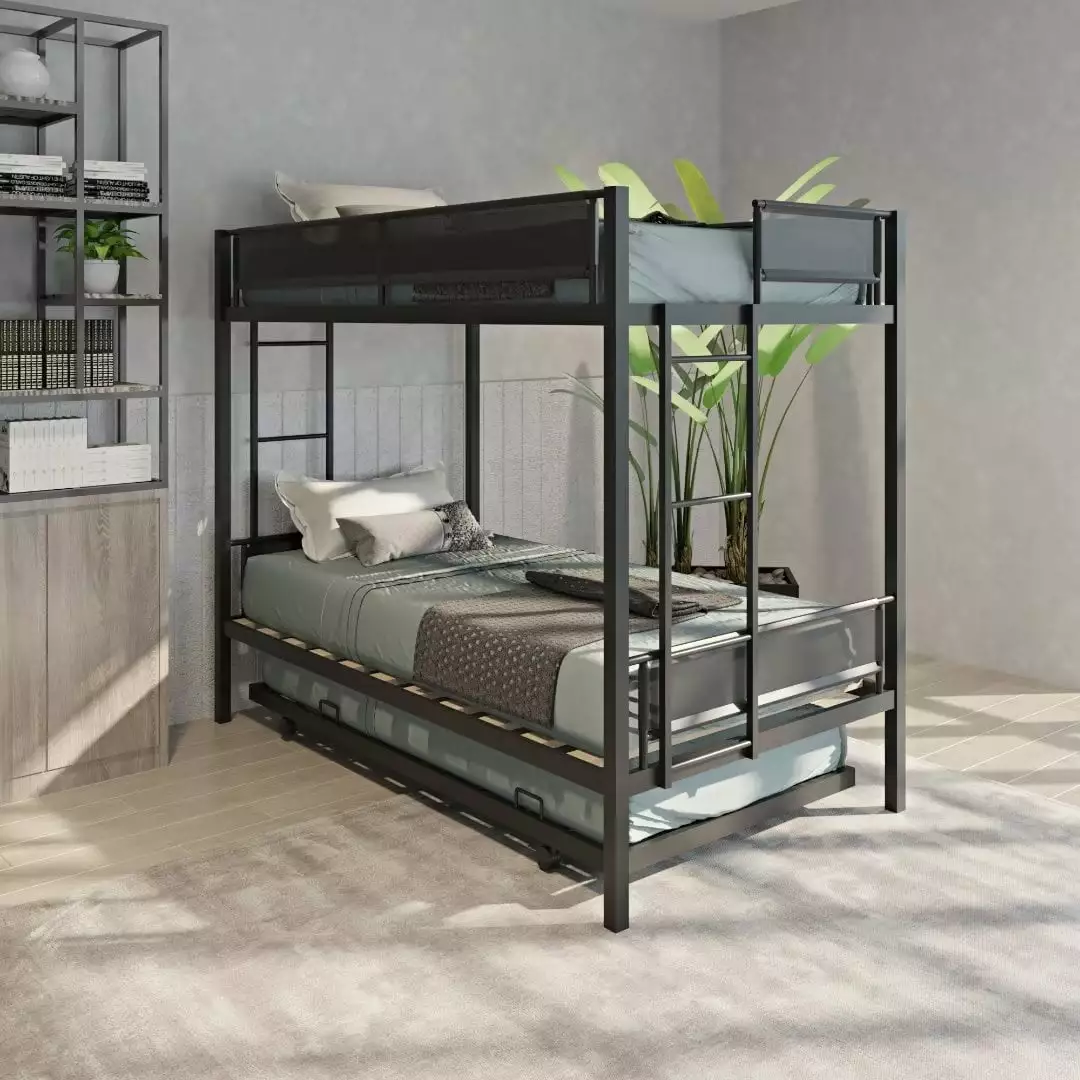 Twin Over Twin Bunk Bed Trundle - Heavy Duty Twin Size Metal Bunk Bed Frame 2 Side Ladders ARCTICSCORPION