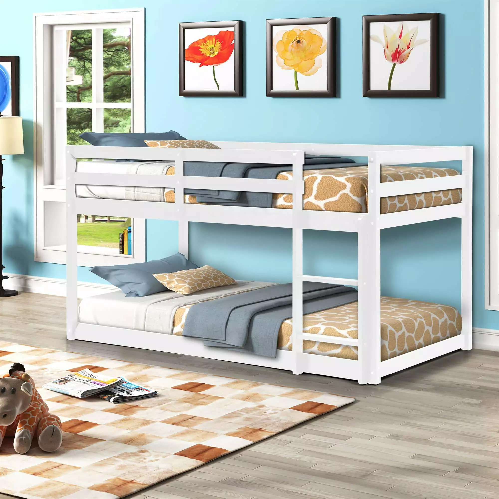 Twin Over Twin Bunk Bed Wooden Low Bunk Bed Frame Guardrails Ladder White ARCTICSCORPION