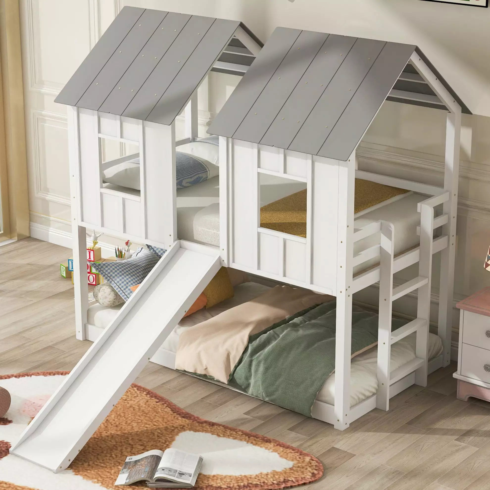 Twin over Twin Houtilize Bunk Bed Slide Roof and Windows White and Gray Kids ARCTICSCORPION