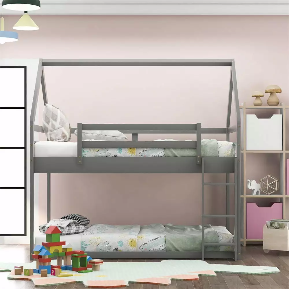 Twin Over Twin Low Bunk Bed Houtilize Bunk Bed Protectty Guardrail and Ladder Solid Wood Frame Roof Gray ARCTICSCORPION