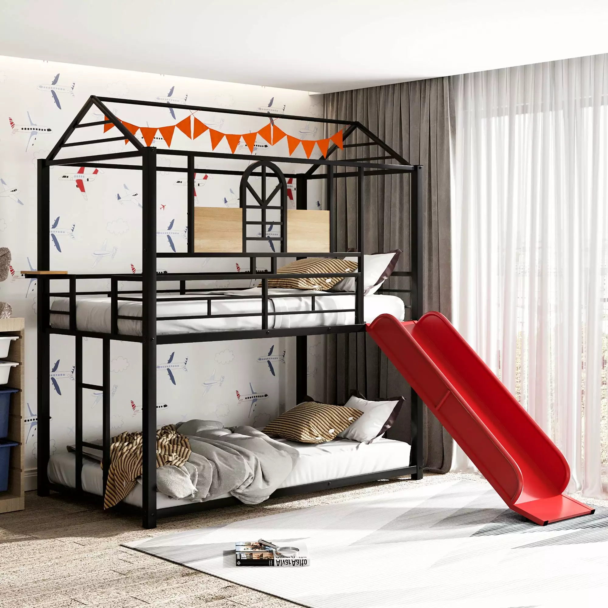 Aukfa Twin over Twin Bunk Bed Slide - Metal Bunk Bed Kids Black and Red