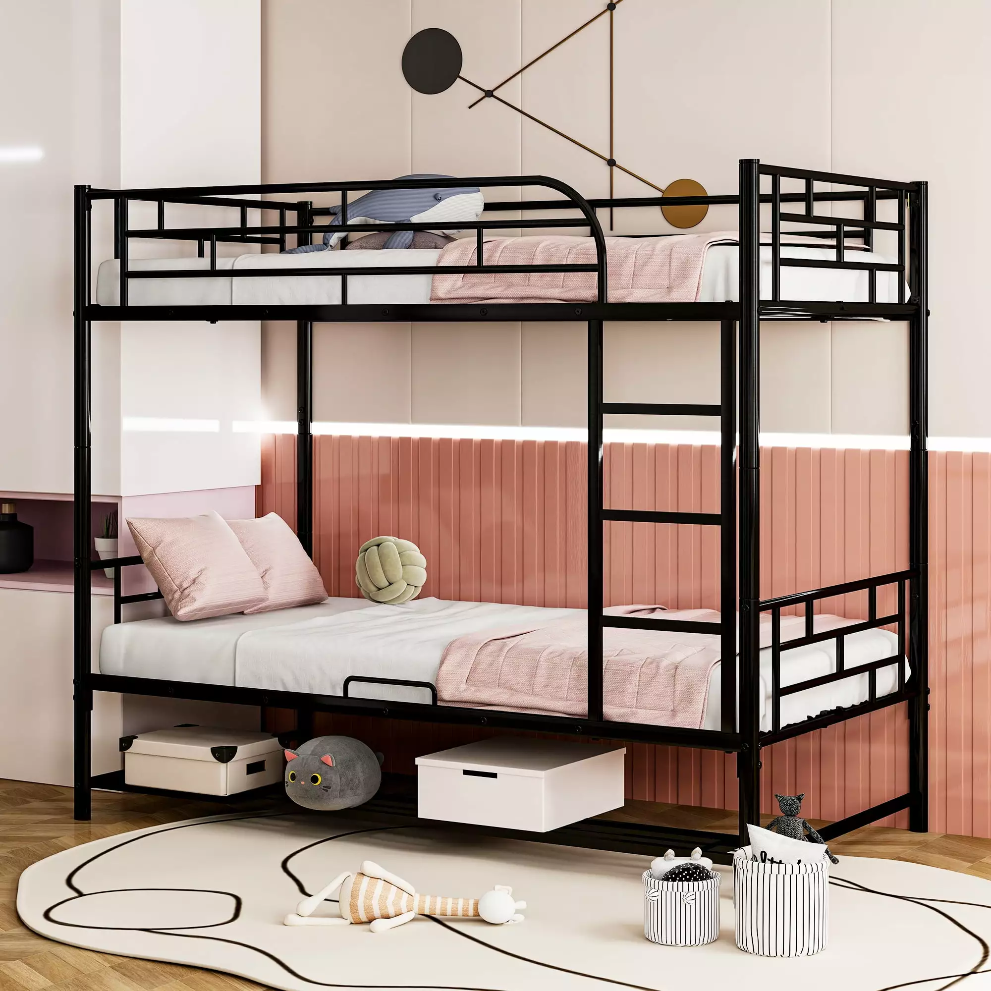 Aukfa Twin-Over-Twin Bunk Bed Heavy Duty Metal Convertible into Two Platform Beds Black