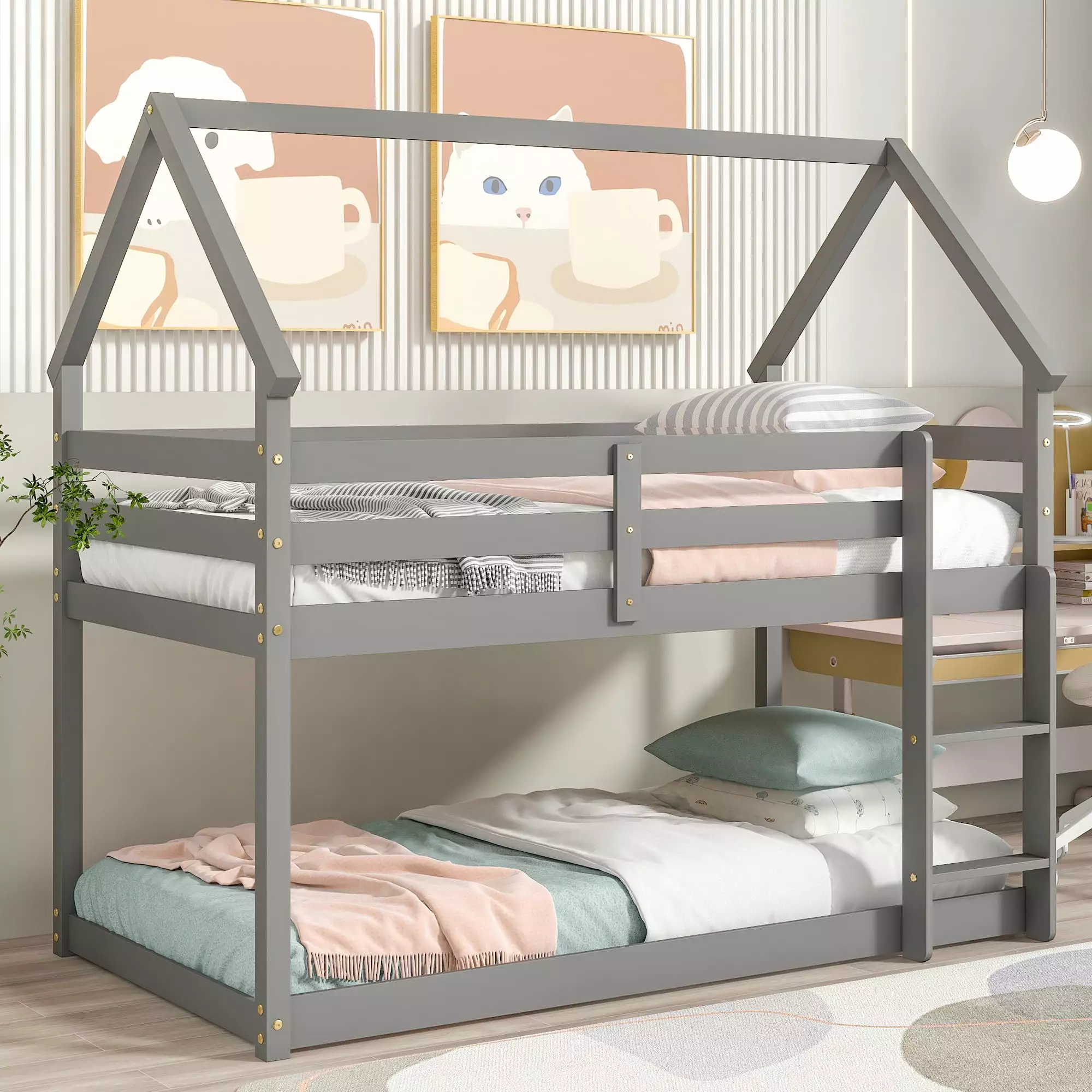 Aukfa Twin-over-Twin Bunk Bed Houtilize Roof Kids Gray Wood Finish