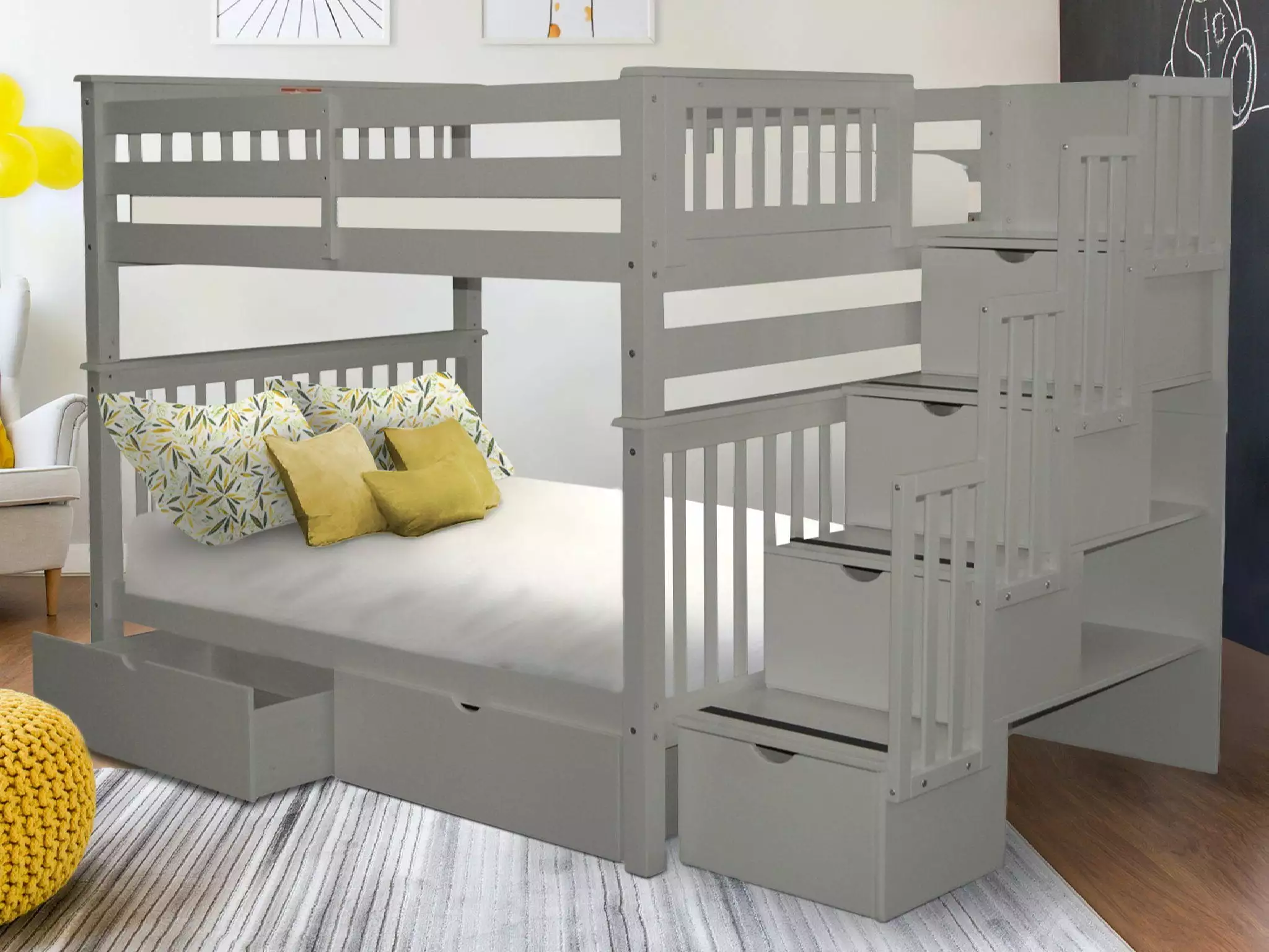 Bedz King Stairway Bunk Beds Full over Full 4 Drawers Steps and 2 Under Bed Drawers Gray