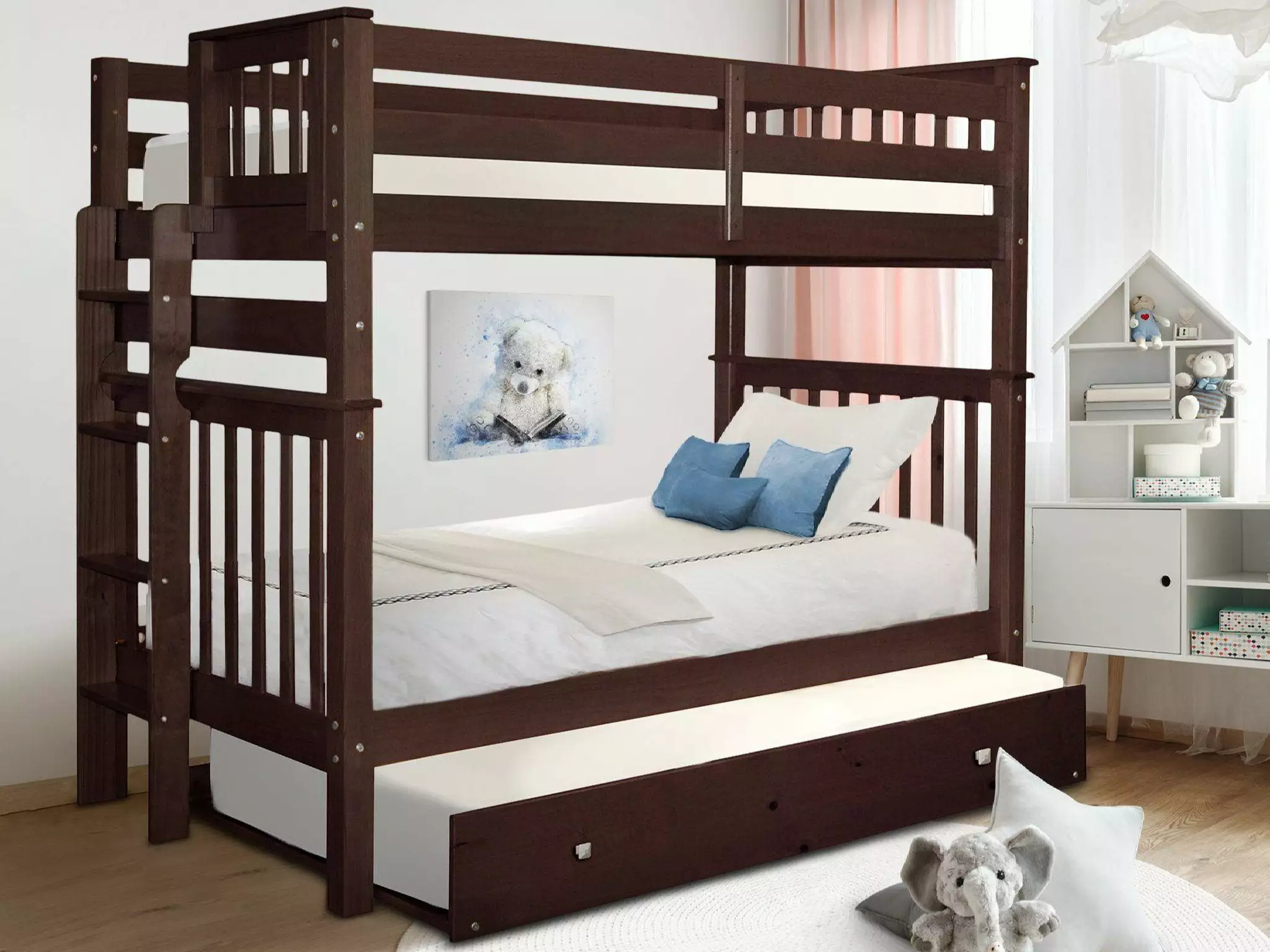 Bedz King Tall Twin over Twin Mission Style Bunk Beds End Ladder and Twin Trundle Dark Cherry