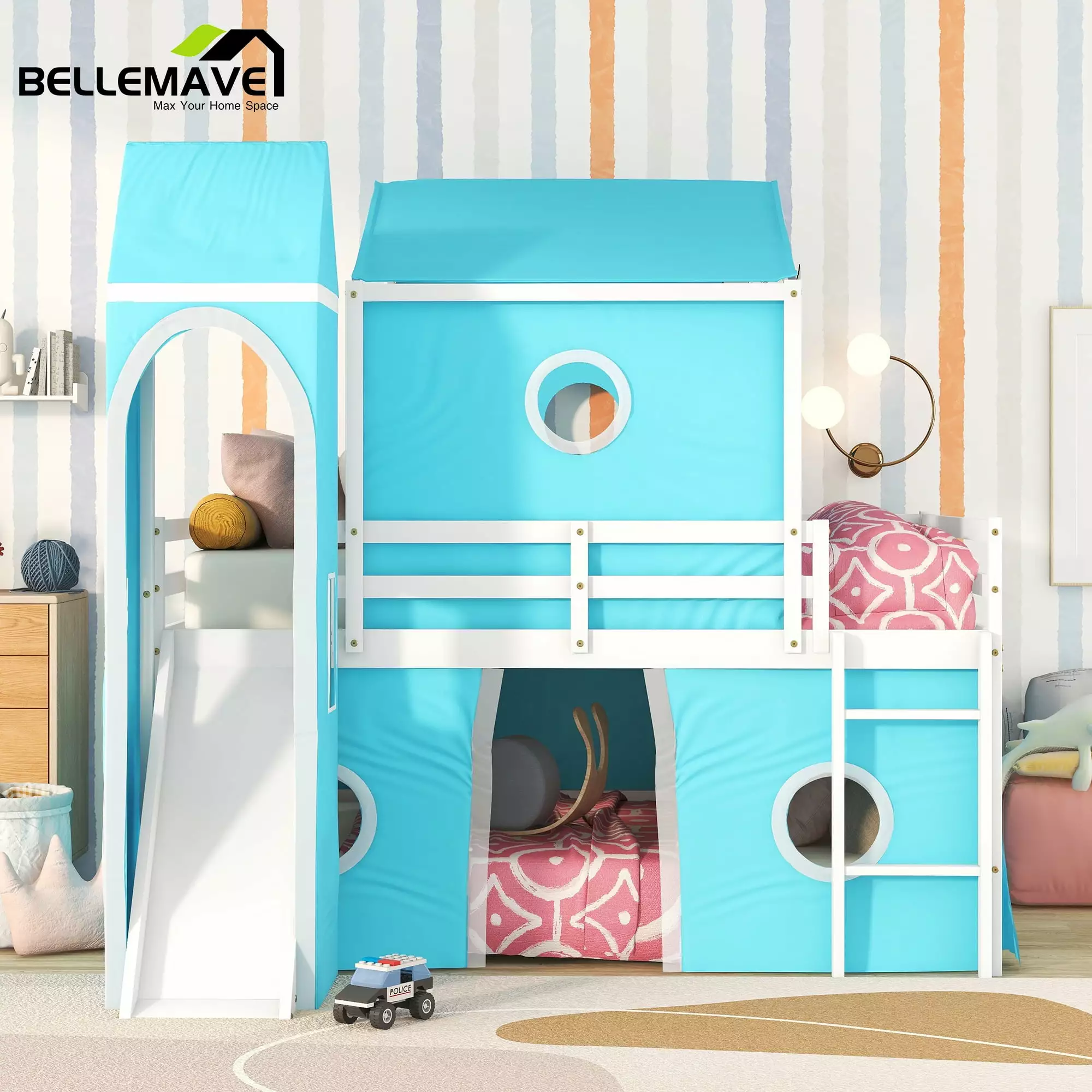 Bellemave Blue Full Size Wood Kids Bunk Bed Slide Tent and Tower Full Size Kids Houtilize Bunk Bed Frame Slide and Ladder ...