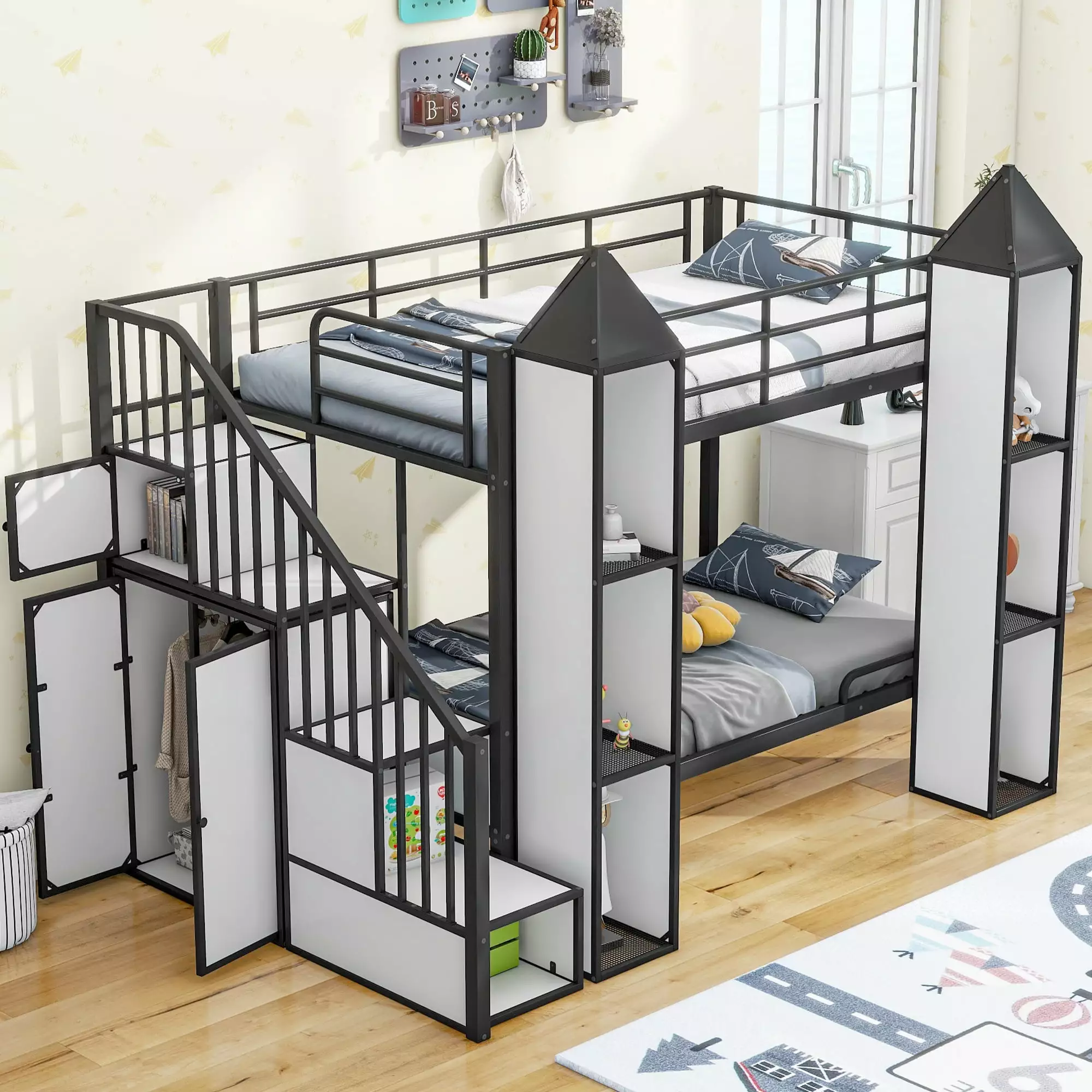 Bellemave Bunk Bed Stairs and Wardrobe Metal Twin over Twin Castle Shaped Bunk Bed Frame Storage Shelves Heavy Duty Bunk B...