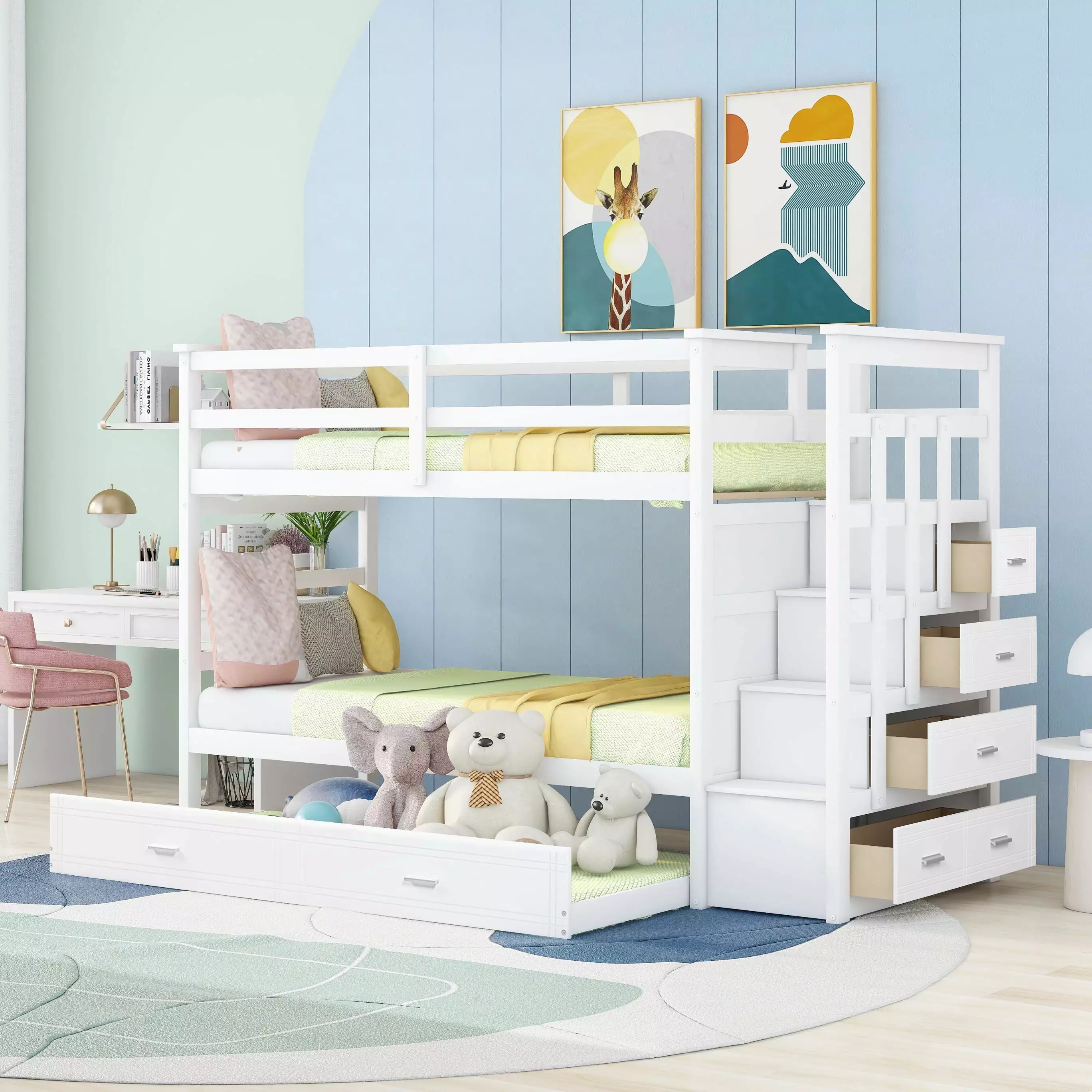 Bellemave Bunk Bed Trundle and Stairs - Twin Over Twin 4 Storage Drawers