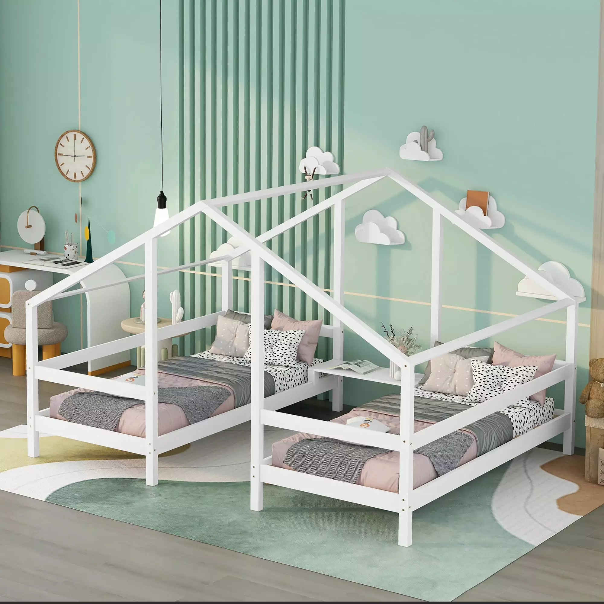 Bellemave Double Twin Size Houtilize Bed Wooden Triangular Platform Bed Table