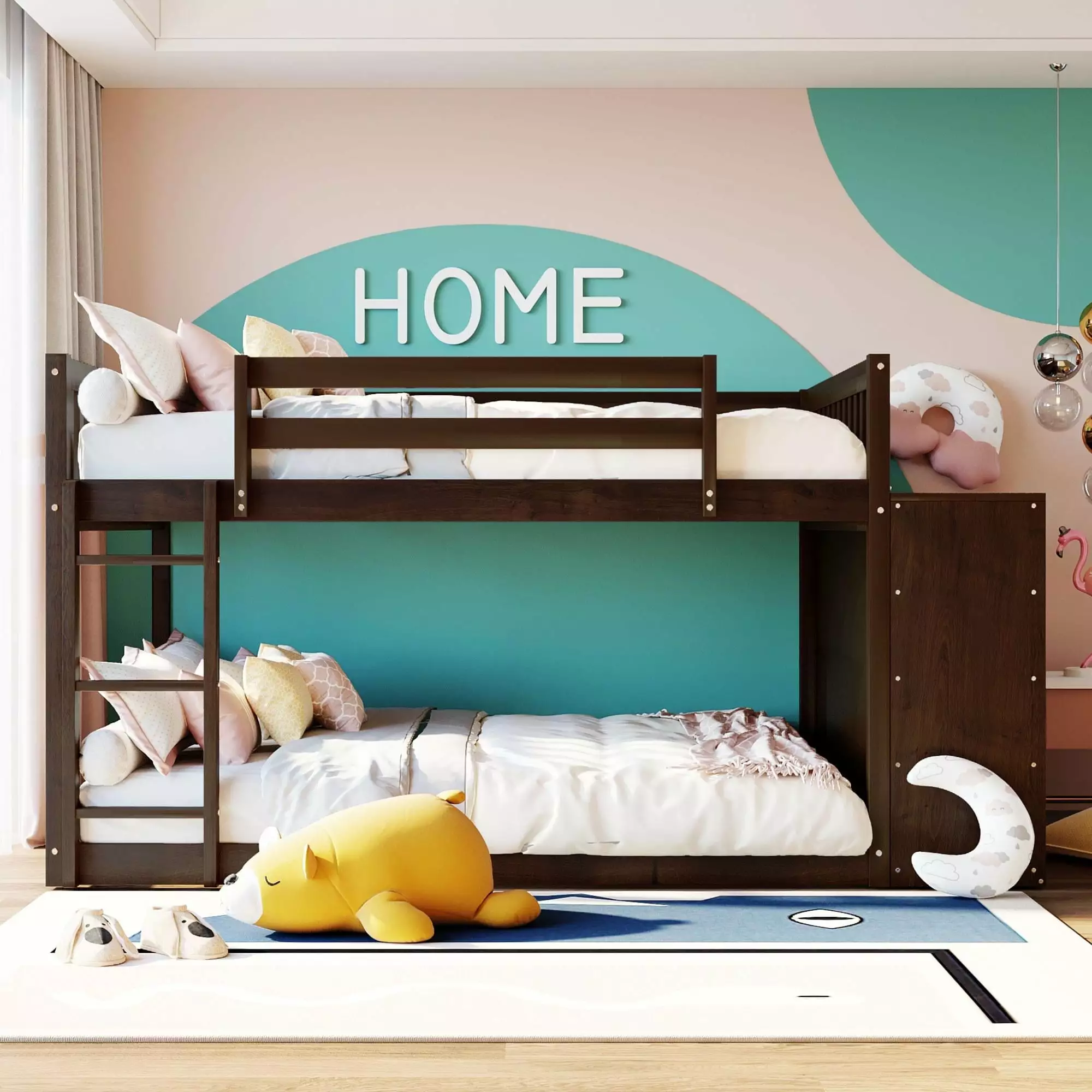 Bellemave Full Over Full Bunk Bed Storage 4 Drawers 3 Shelves Low Profile Espresso