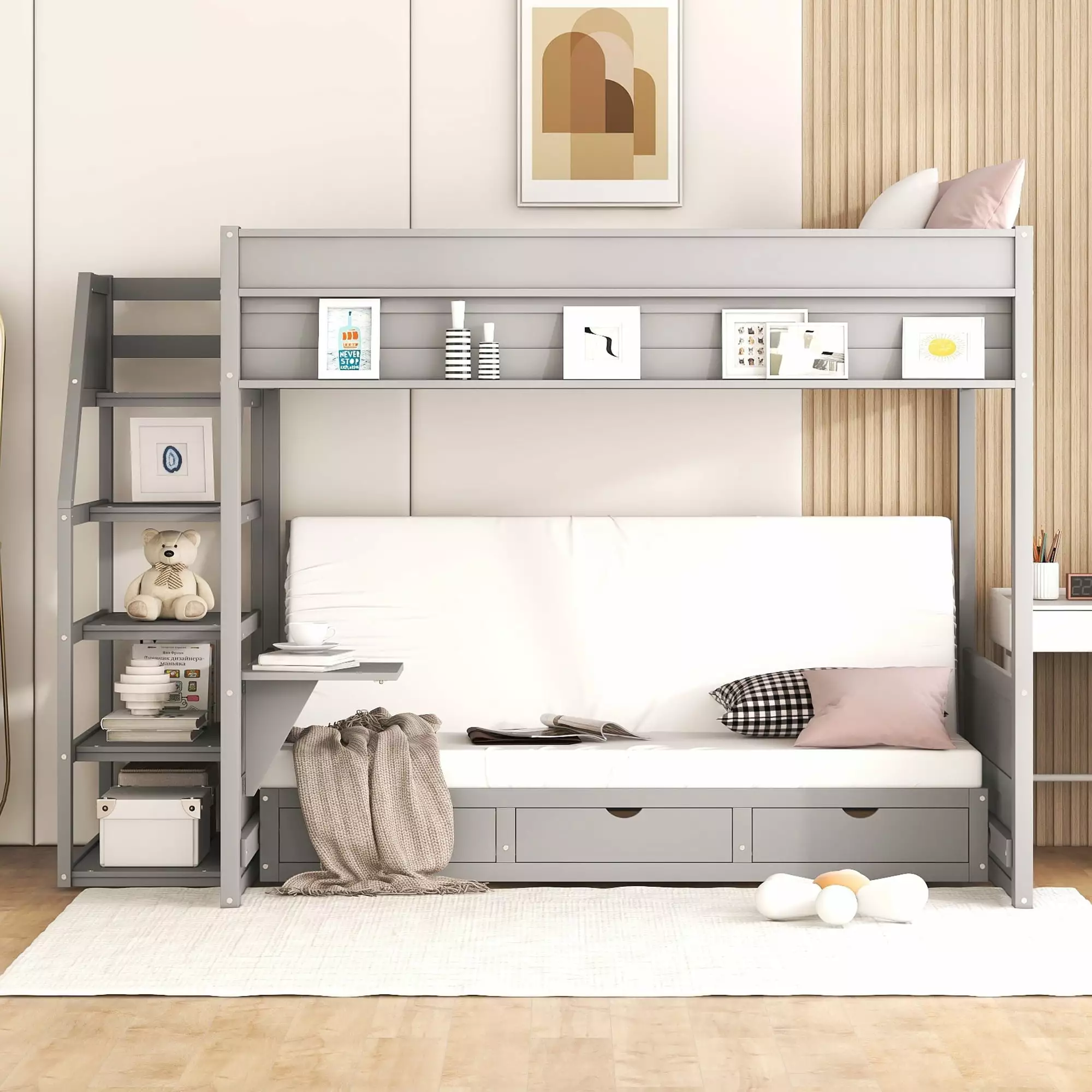Bellemave Futon Bunk Beds Staircase Wood Full Over Full Bunk Bed Storage Drawers and Shelf Convertible into Daybed Gray
