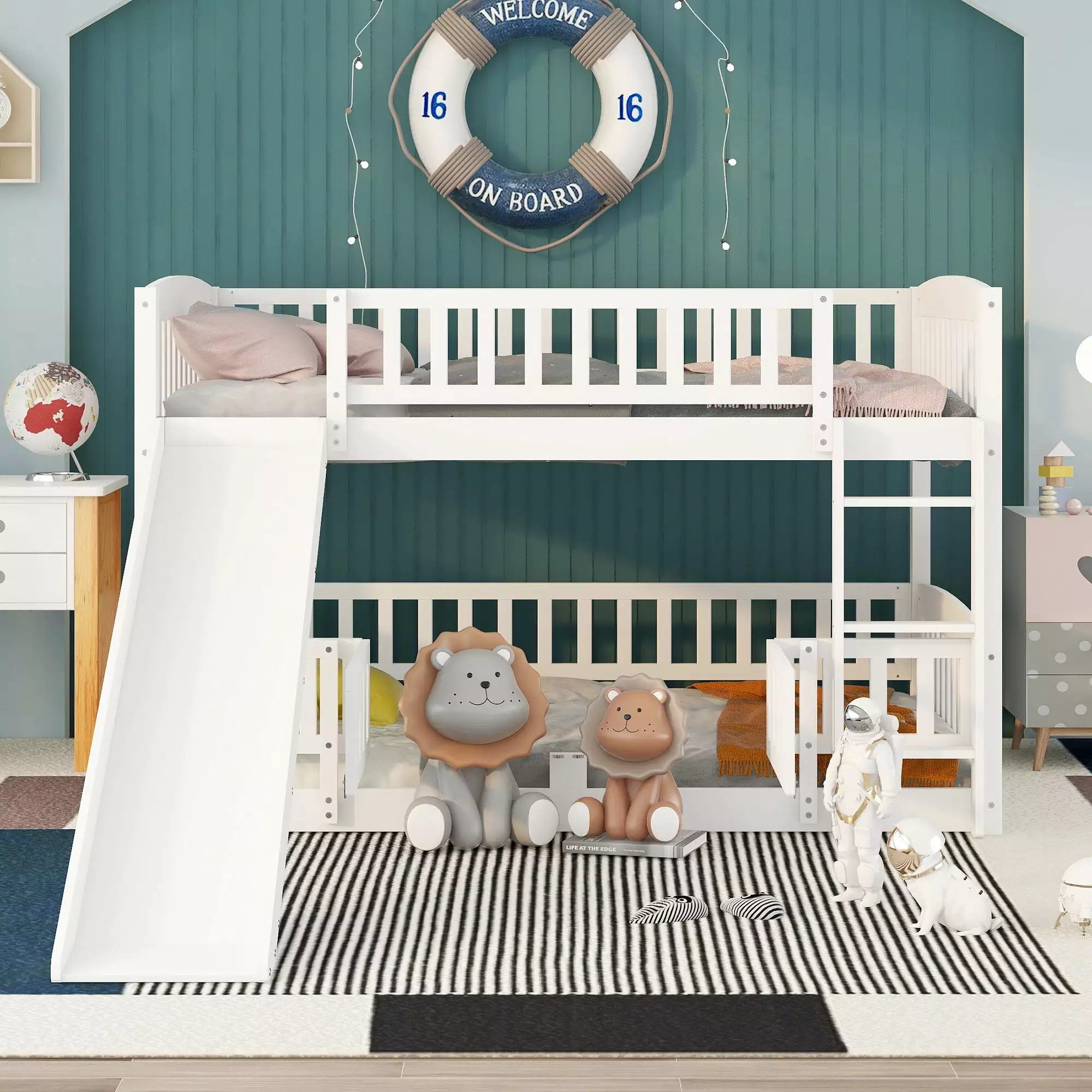 Bellemave Low Bunk Bed Slide Wood Full Over Full Bunk Beds Fence Railings Floor Bunk Beds Toddler Kids Boys Girls Teens White
