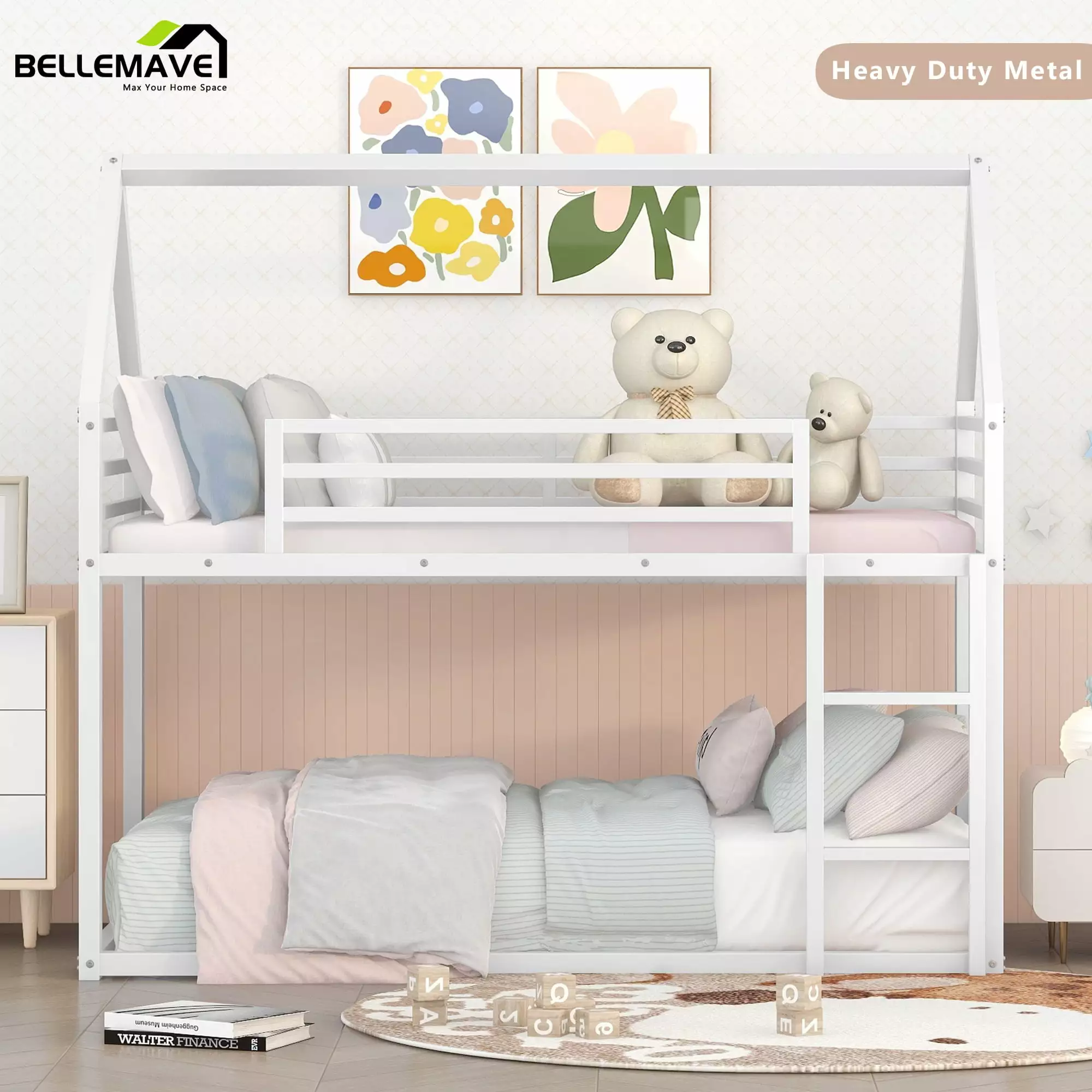 Bellemave Metal Houtilize Bunk Bed Twin over Twin Bunk Bed Ladder Toddler Floor Bunk Bed Kids Boys & Girls White