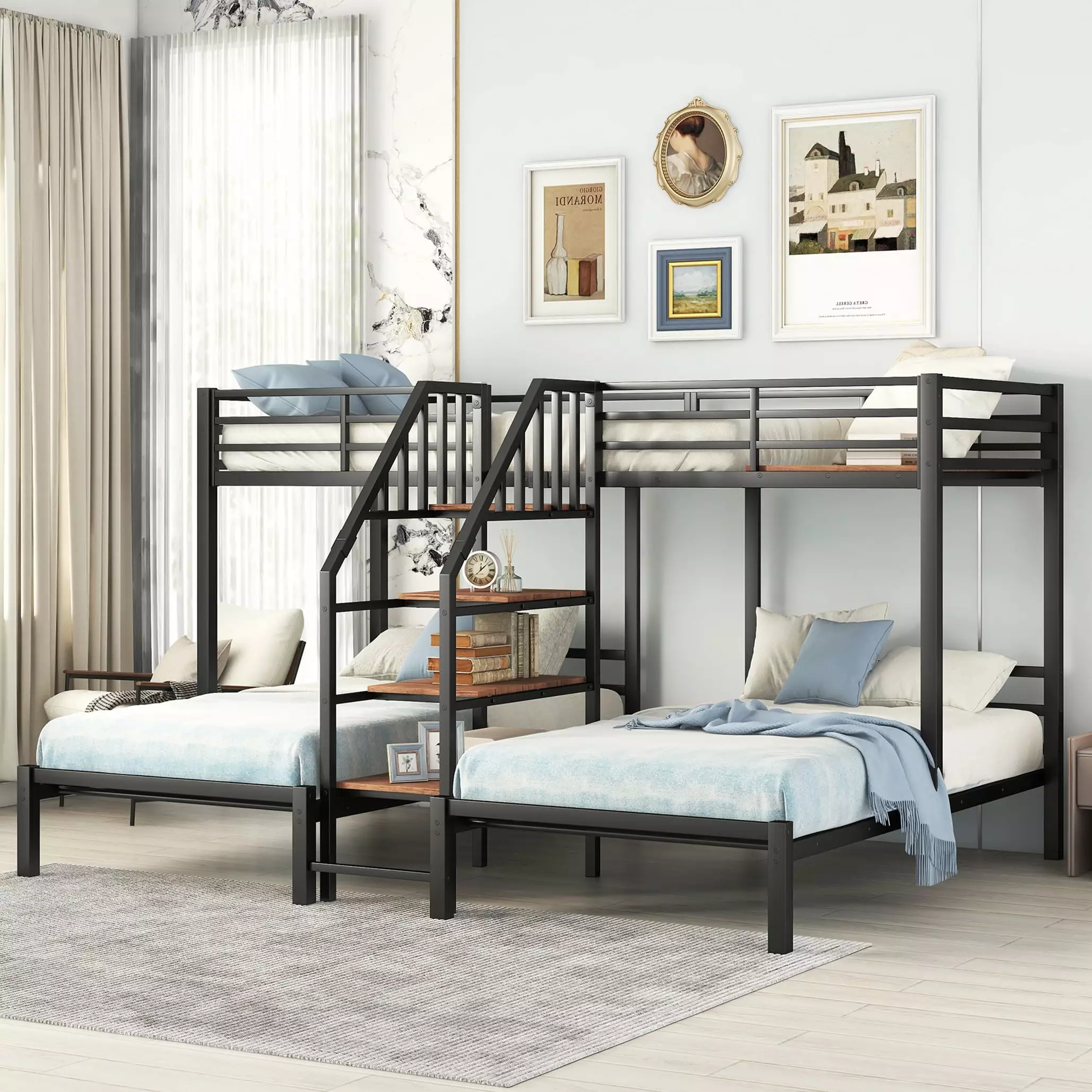Bellemave Metal Triple Bunk Bed 3 Twin over Twin & Twin Size Bunk Bed Storage Shelves Staircase Sturdy Dorm Bed Frame Kids...