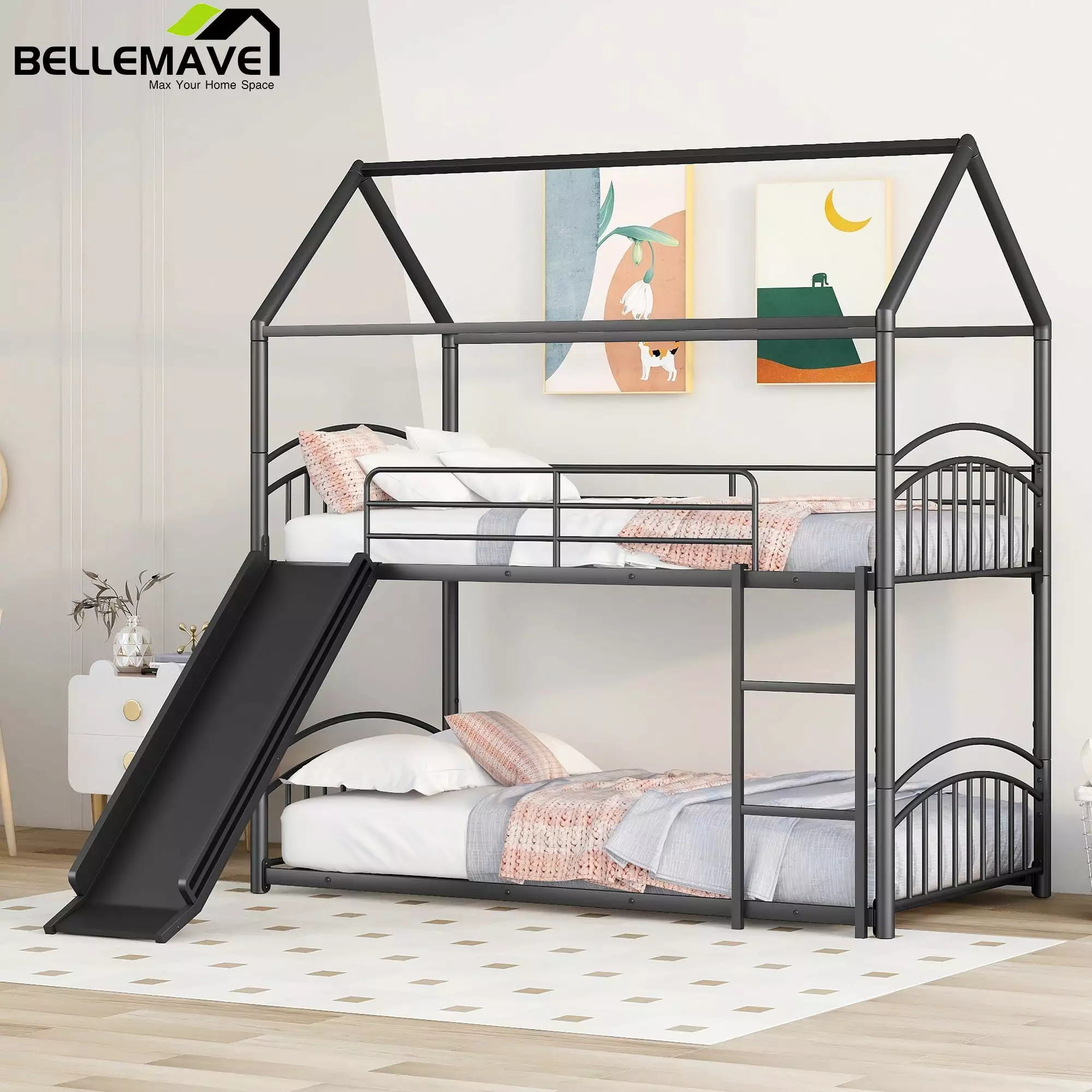 Bellemave Metal Twin Bunk Bed Black Slide - Convertible Kids Bunk Bed Frame