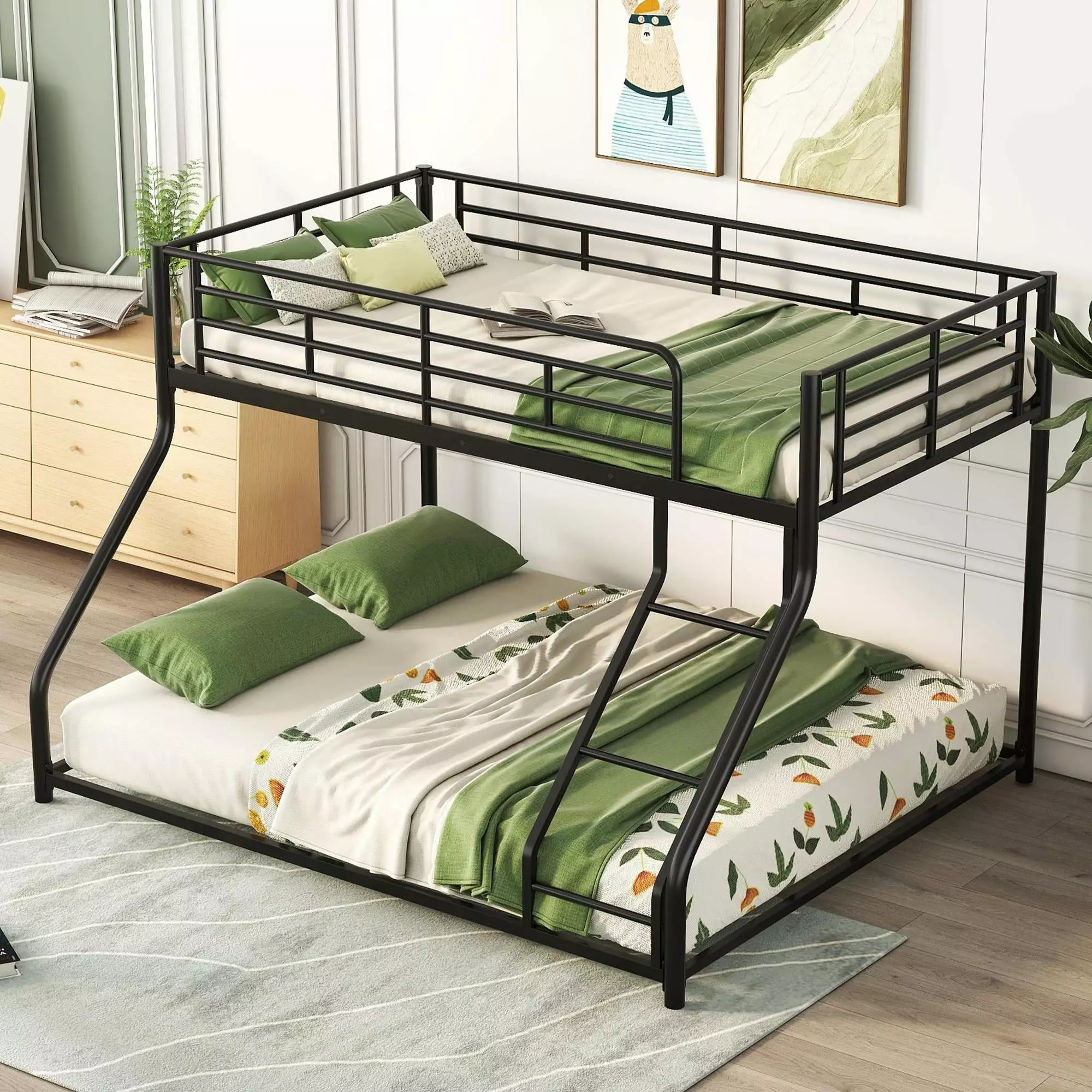 Bellemave Metal Twin XL Over Queen Bunk Bed Heavy Duty Floor Bunk Bed Frame Ladder and High Guardrail Bunk Beds Kids Girls...