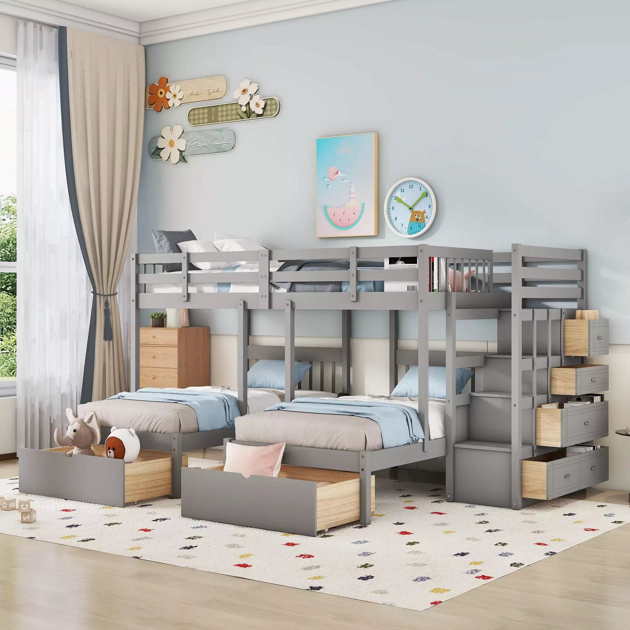 Bellemave Triple Bunk Bed 3 Wood Full over Twin Twin Bunk Bed Stairs Storage Drawers Kids Teens Adults Grey