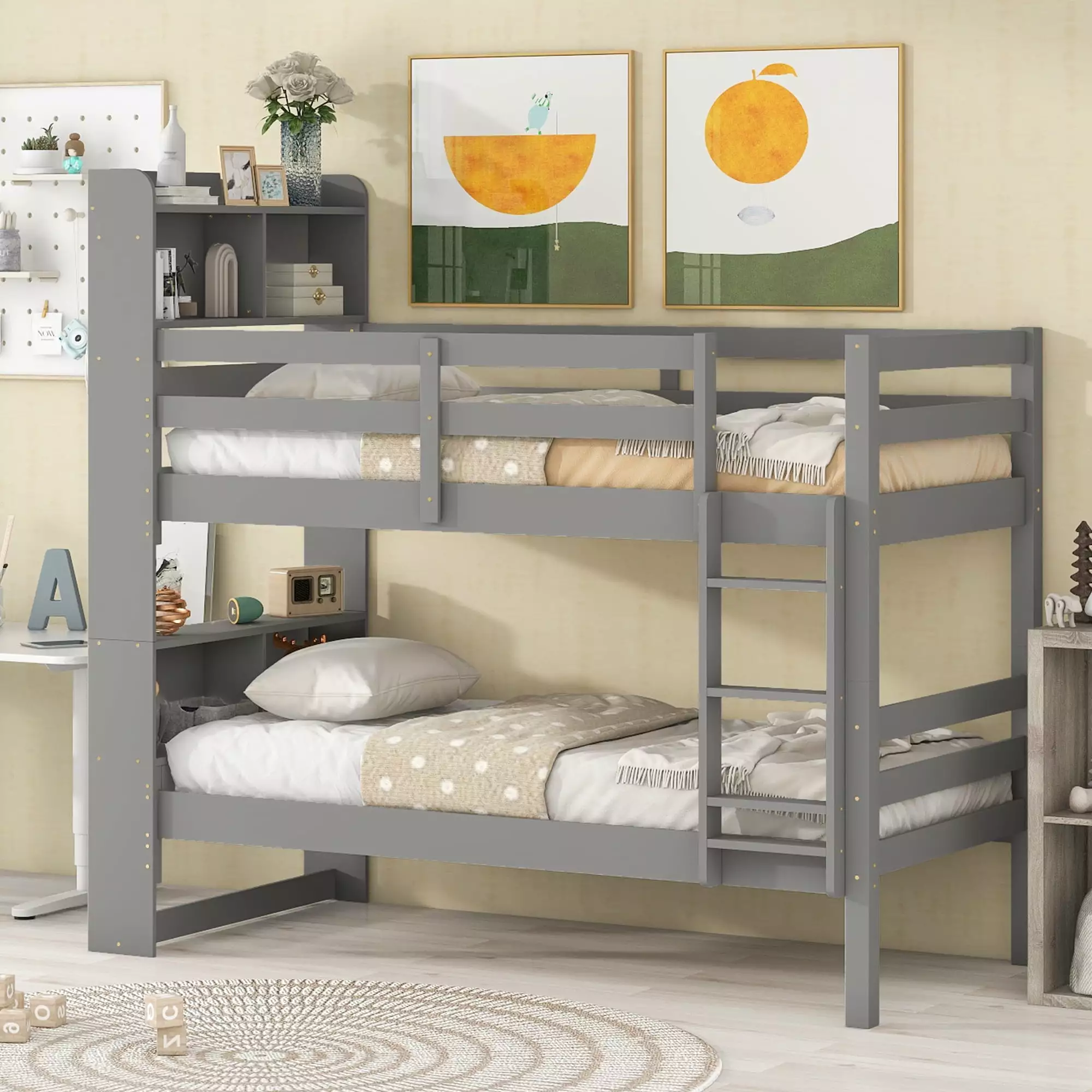 Bellemave Twin Bunk Bed Kids Wood Twin over Twin Bunk Bed Storage Headboard Can Be Split Down into 2 Platform Beds Gray