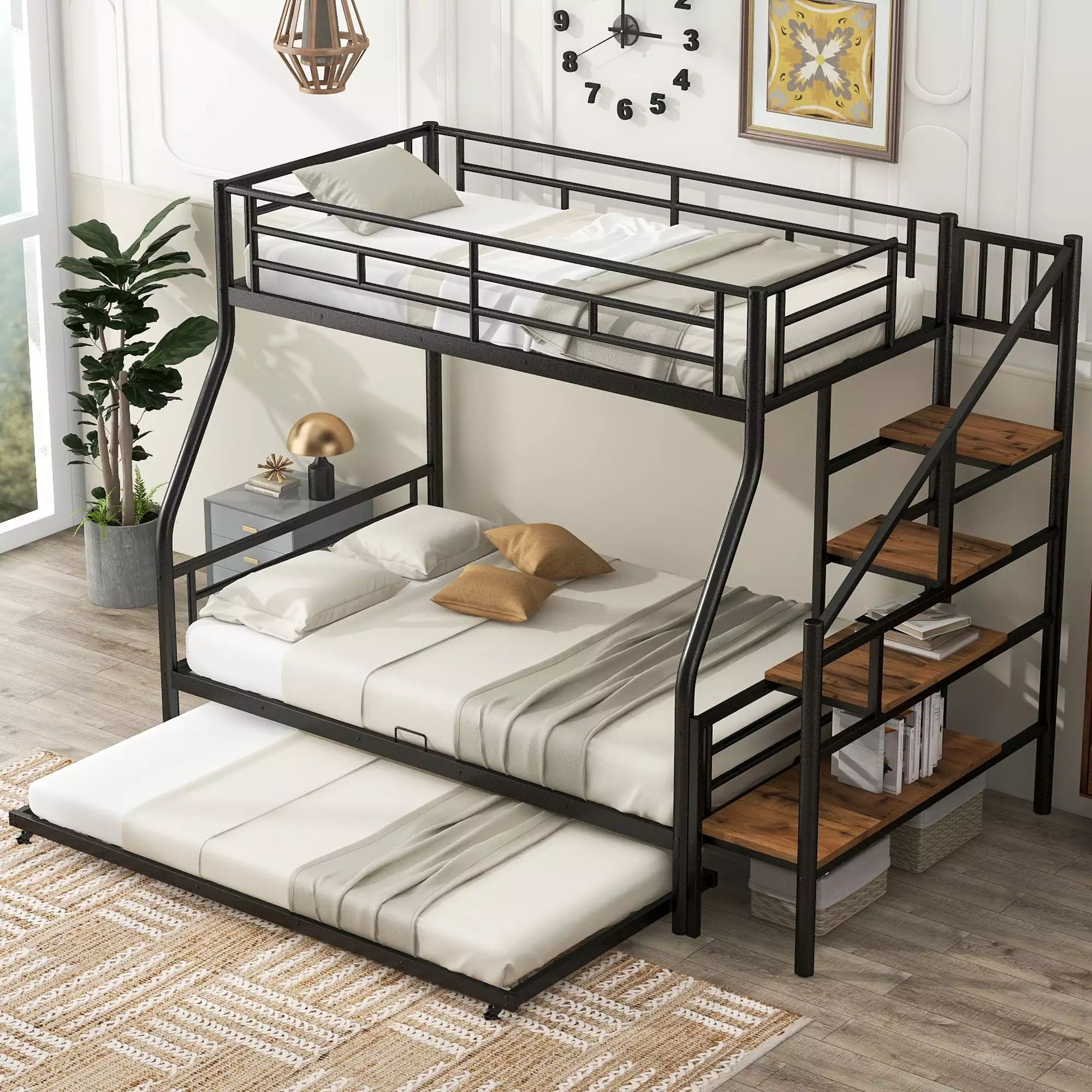 Bellemave Twin Over Full Bunk Bed Trundle Metal Frame Stairs Open Shelves Black