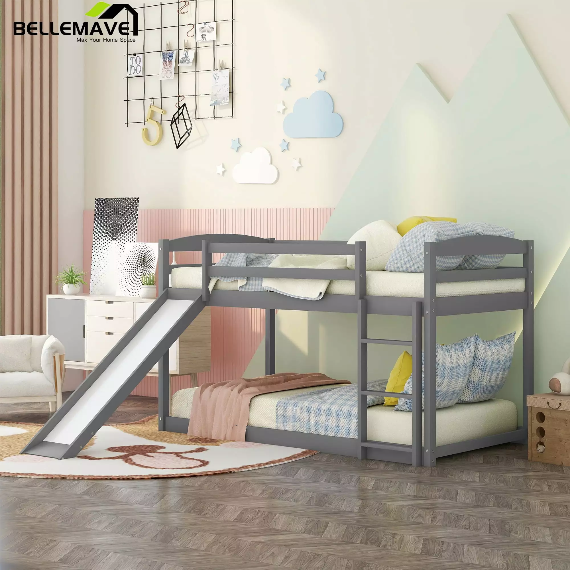 Bellemave Twin Over Twin Bunk Bed Slide Kids Low Bunk Bed Convertible Slide and Ladder Gray