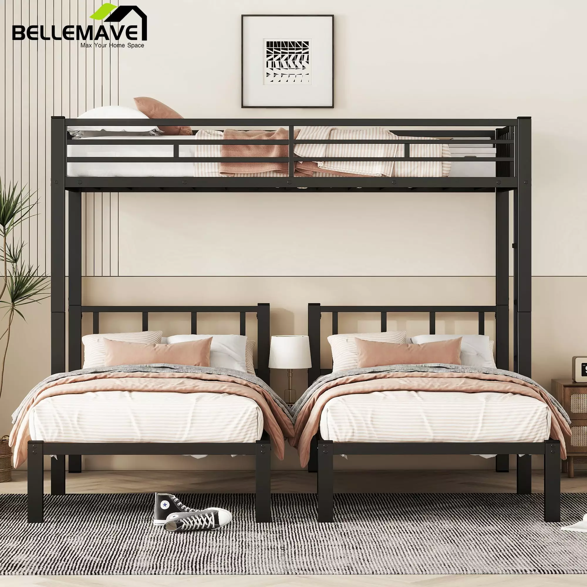 Bellemave Twin over Twin and Twin Bunk Bed Frame Black Noise Reduced Metal Triple Bunk Bed Kids Teens