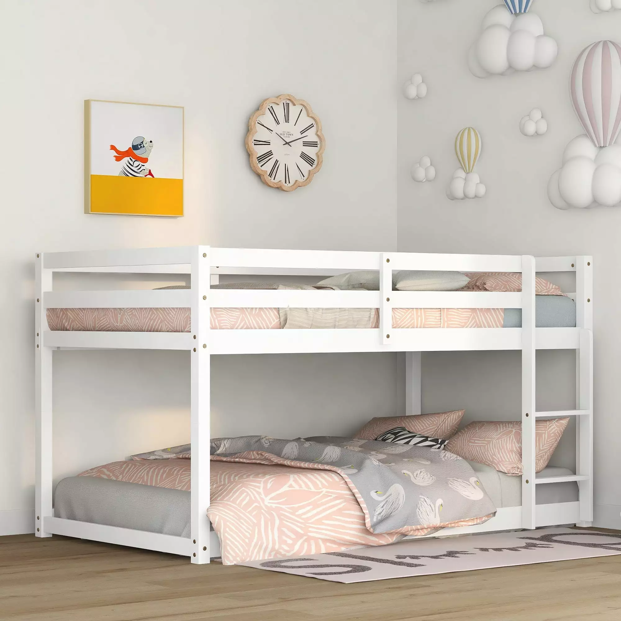 Bellemave Wood Twin over Twin Bunk Bed Frame Low Bunk Bed Ladder Toddler Boys Girls White