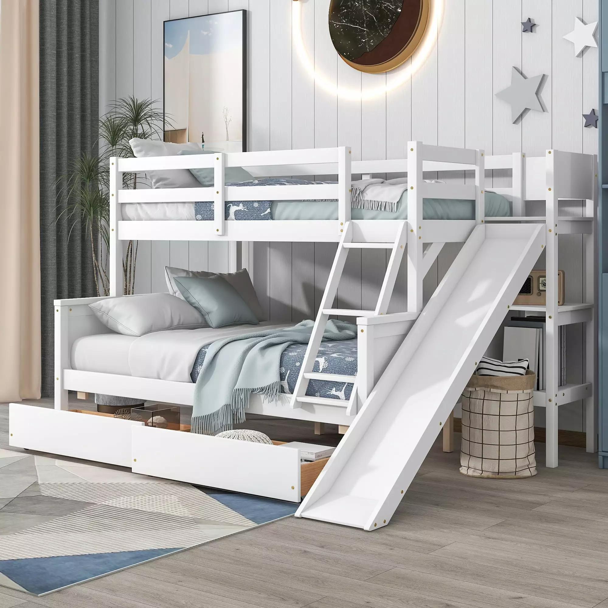 Bellemave Wooden Twin over Full Bunk Bed Two Storage Drawers Slide and Shelves Removable Ladder and Protectty Guardrail Co...