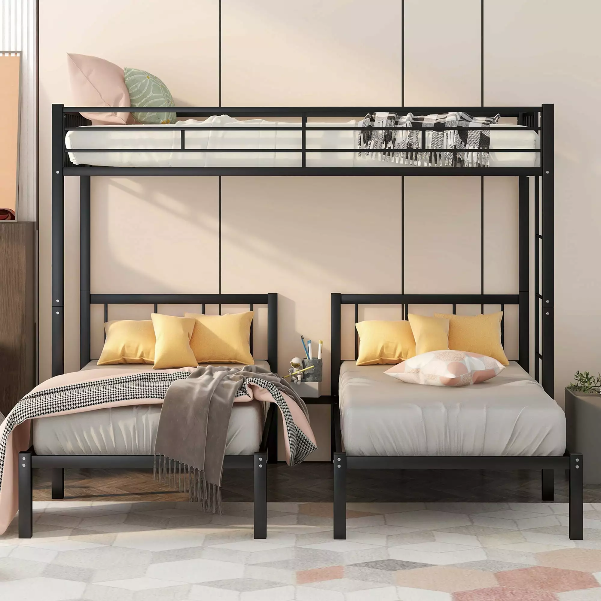 Triple Metal Bunk Bed Twin over Twin Ladder Kids Boys and Girls Convertible Bunk Set Black Bellemave