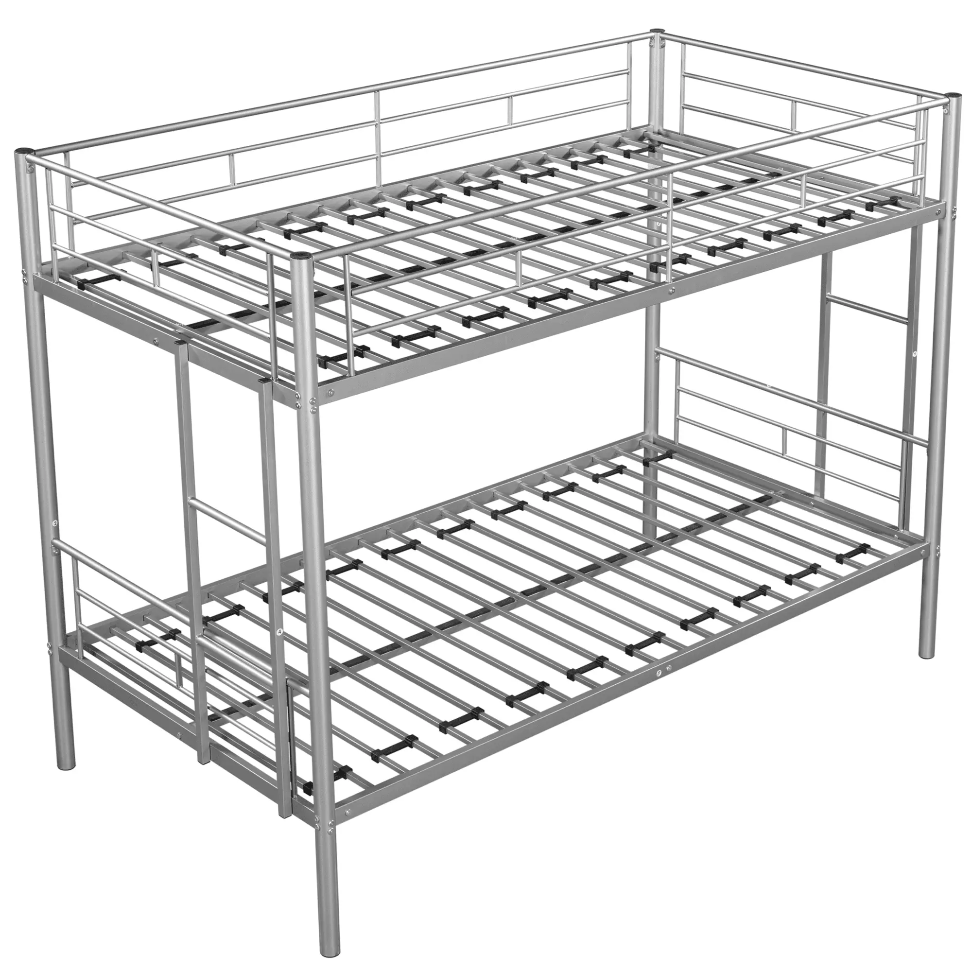 BTMWAY Twin Over Twin Metal Bunk Bed Guardrail and 2 Side Ladders Silver