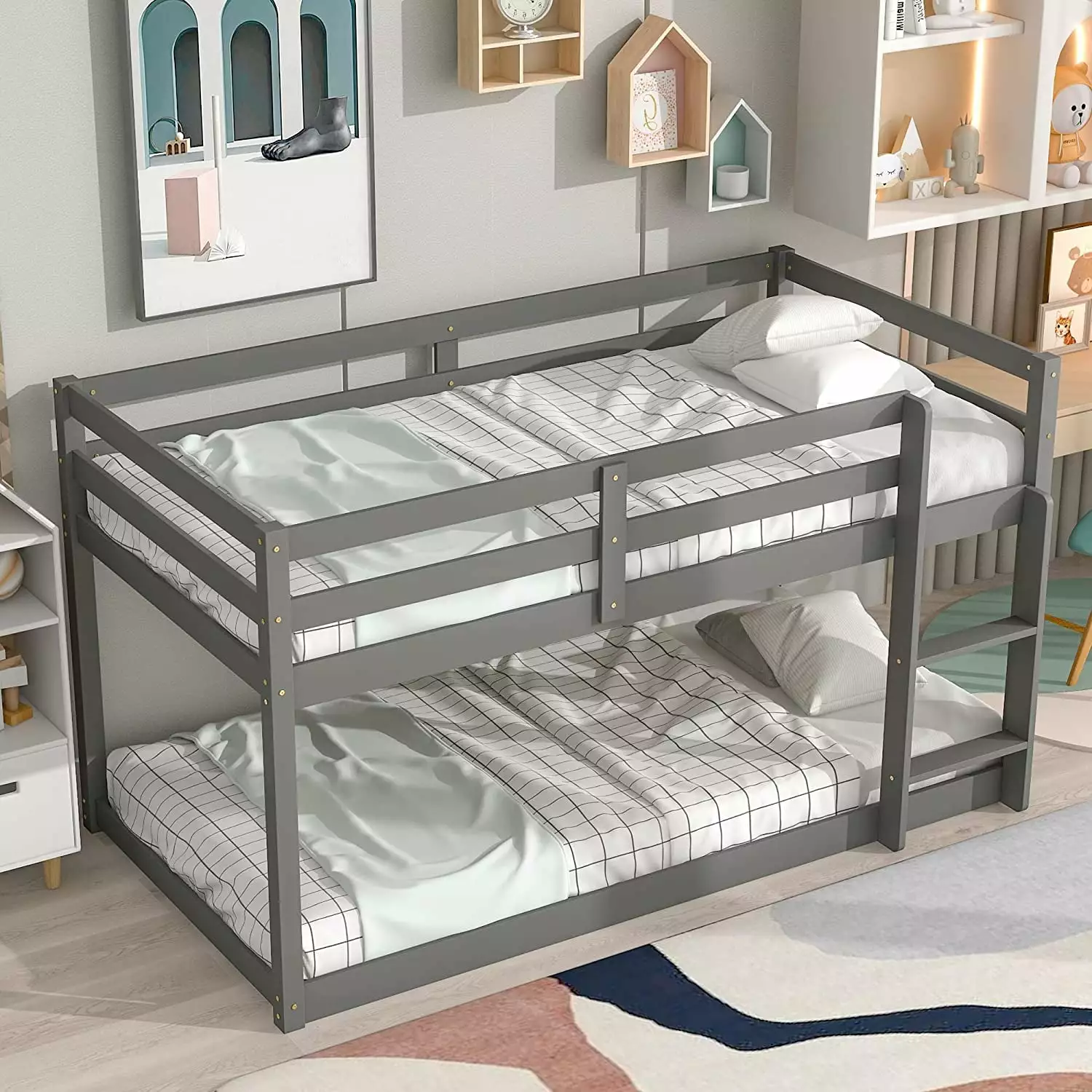 Low Bunk Beds Kids Twin Over Twin Floor Bunk Bed Protectty Guard Rail Gray BTMWAY