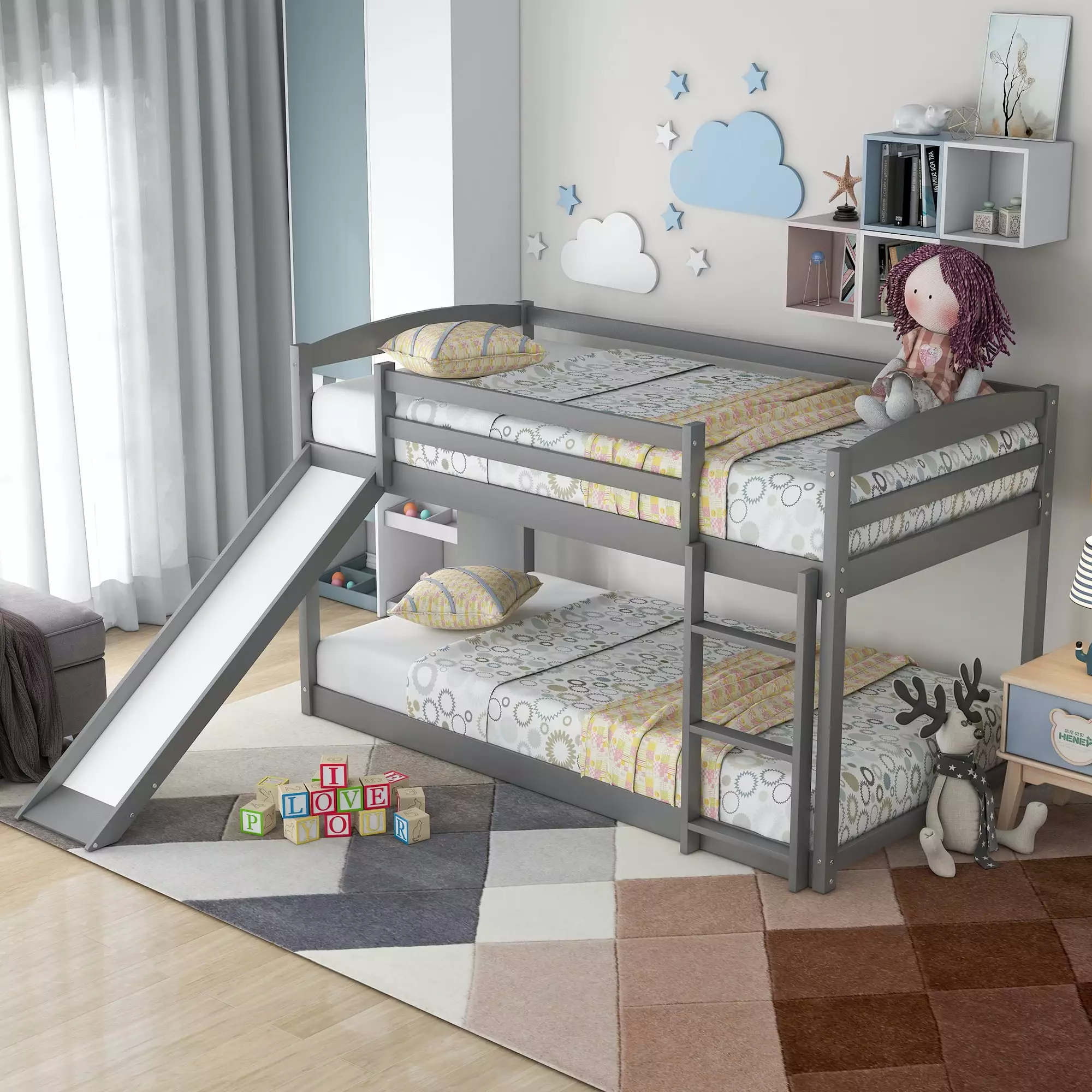 Wood Twin Over Twin Bunk Bed Slide BTMWAY Low Twin Size Bunk Beds Kids Floor BunkBed Loft Bed Frame Ladder and Guardrails ...