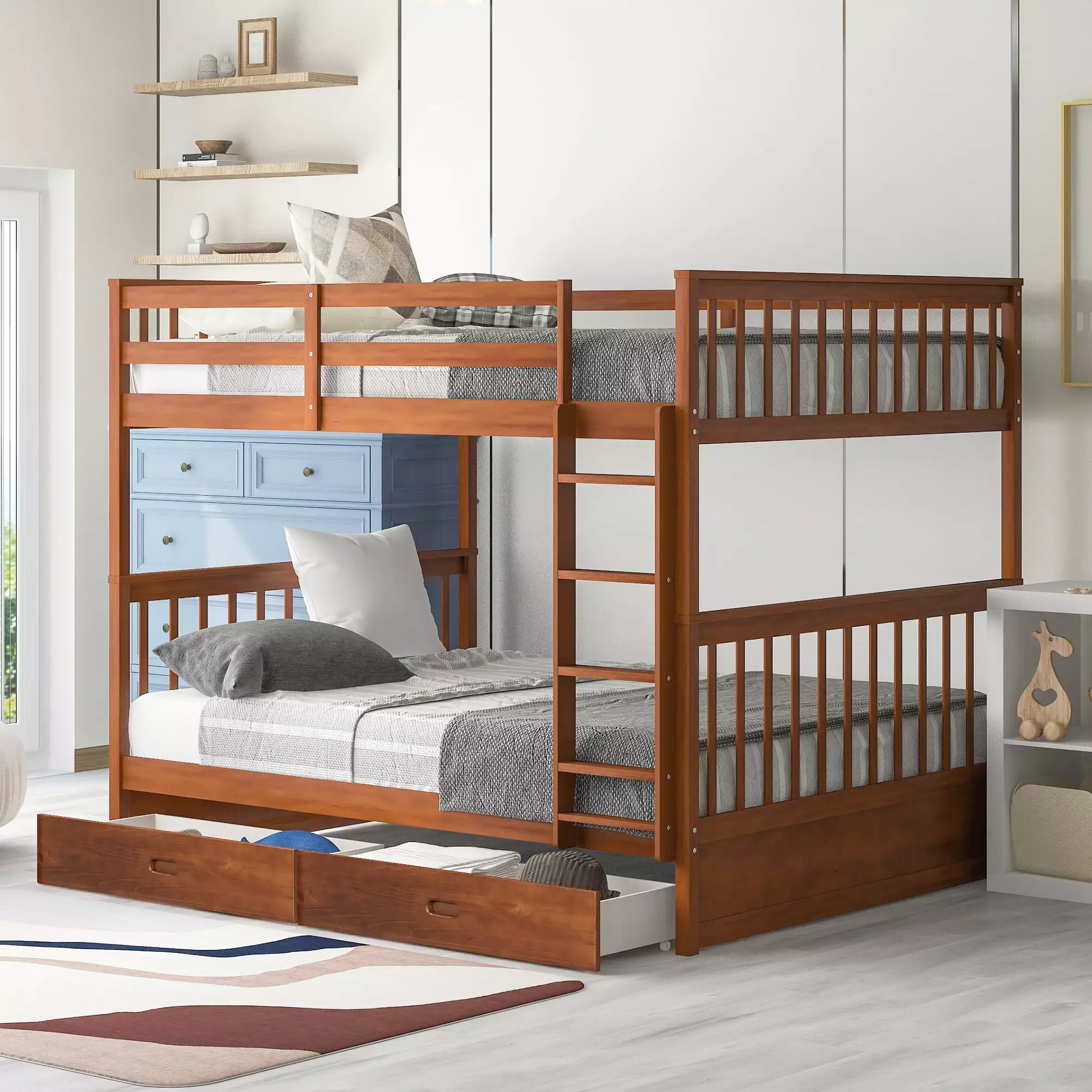 Churanty Full-Over-Full Bunk Bed Ladders and Two Storage Drawers Walnut