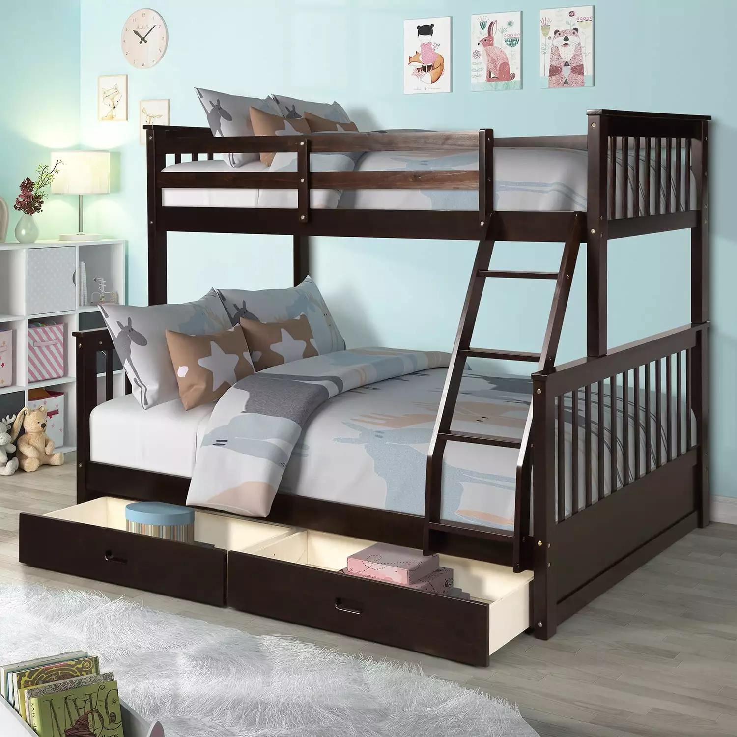 Churanty Twin over Full Bunk Bed Ladders and Two Storage Drawers Espresso