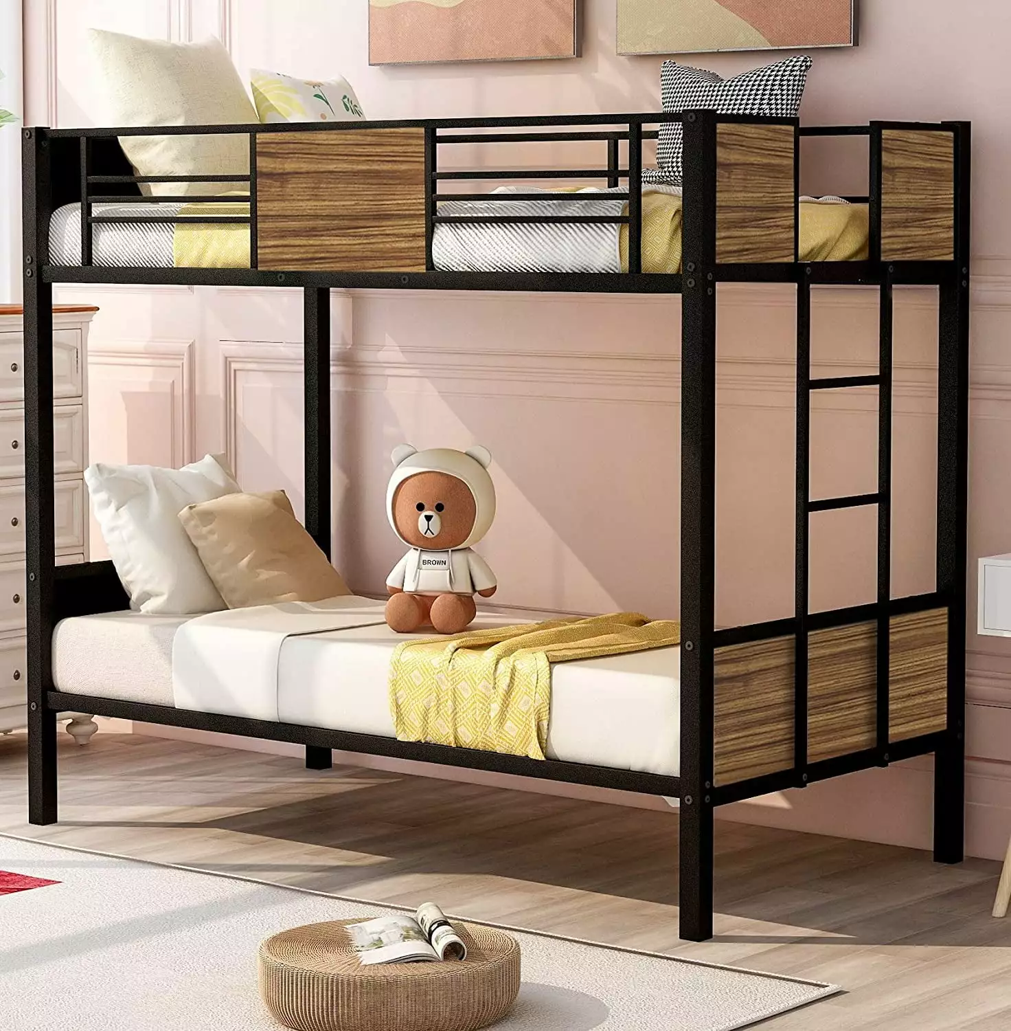Churanty Twin Over Twin Bunk Bed Study Metal Bed Frame Ladder and Protectty Rails Home Bedroom Furniture