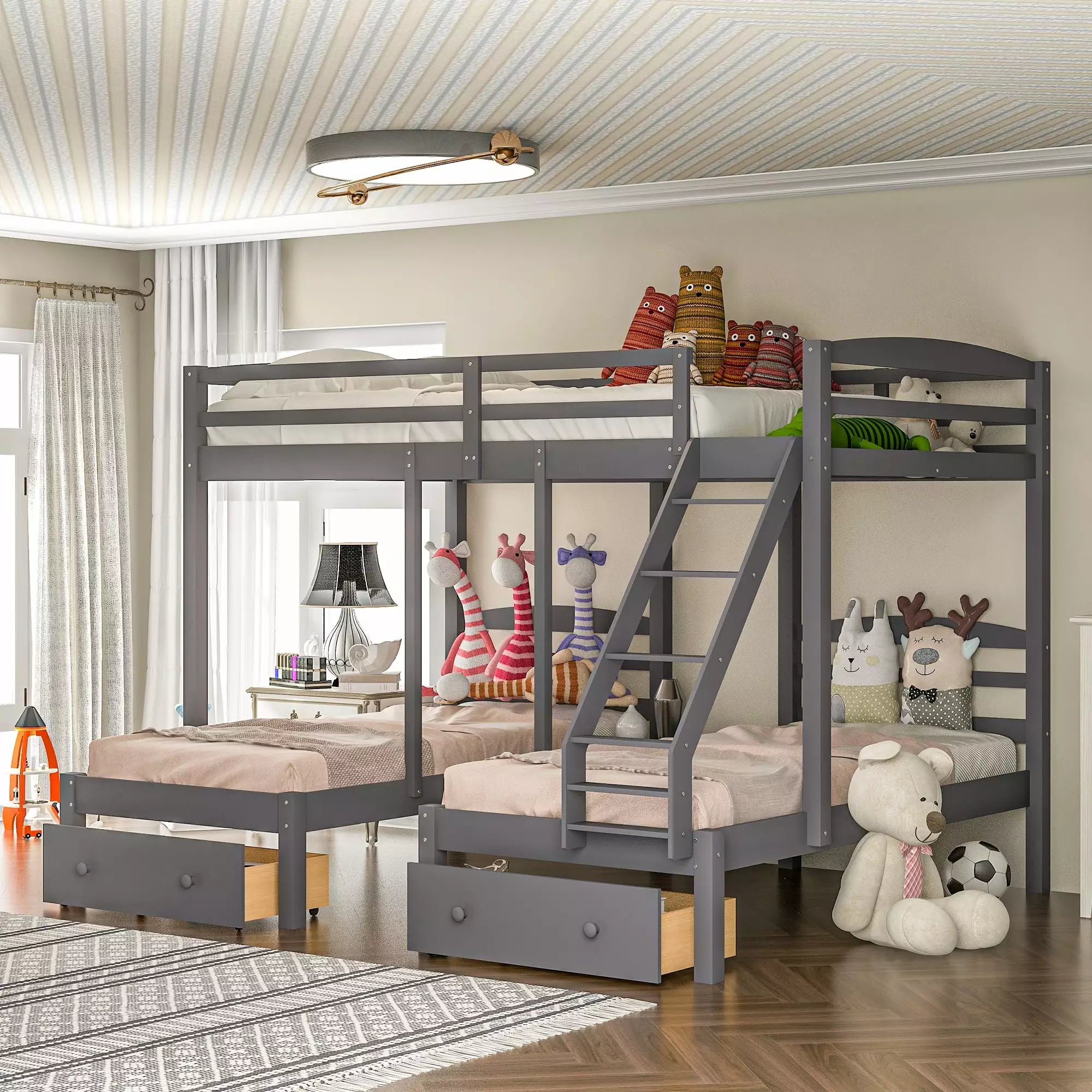 Churanty Wood Triple Bunk Bed Frame Drawers and Guardrails 3 Kids and Teens