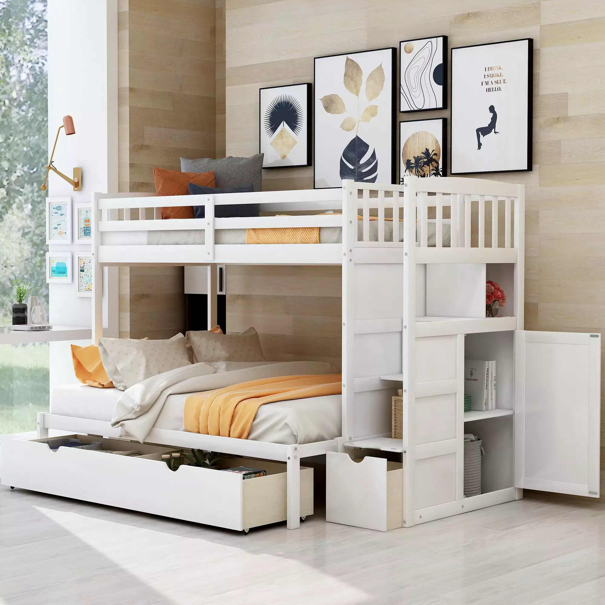 CITYLE Twin over Full Bunk Bed Stairs Convertible Bottom Bed Drawers and Shelves White