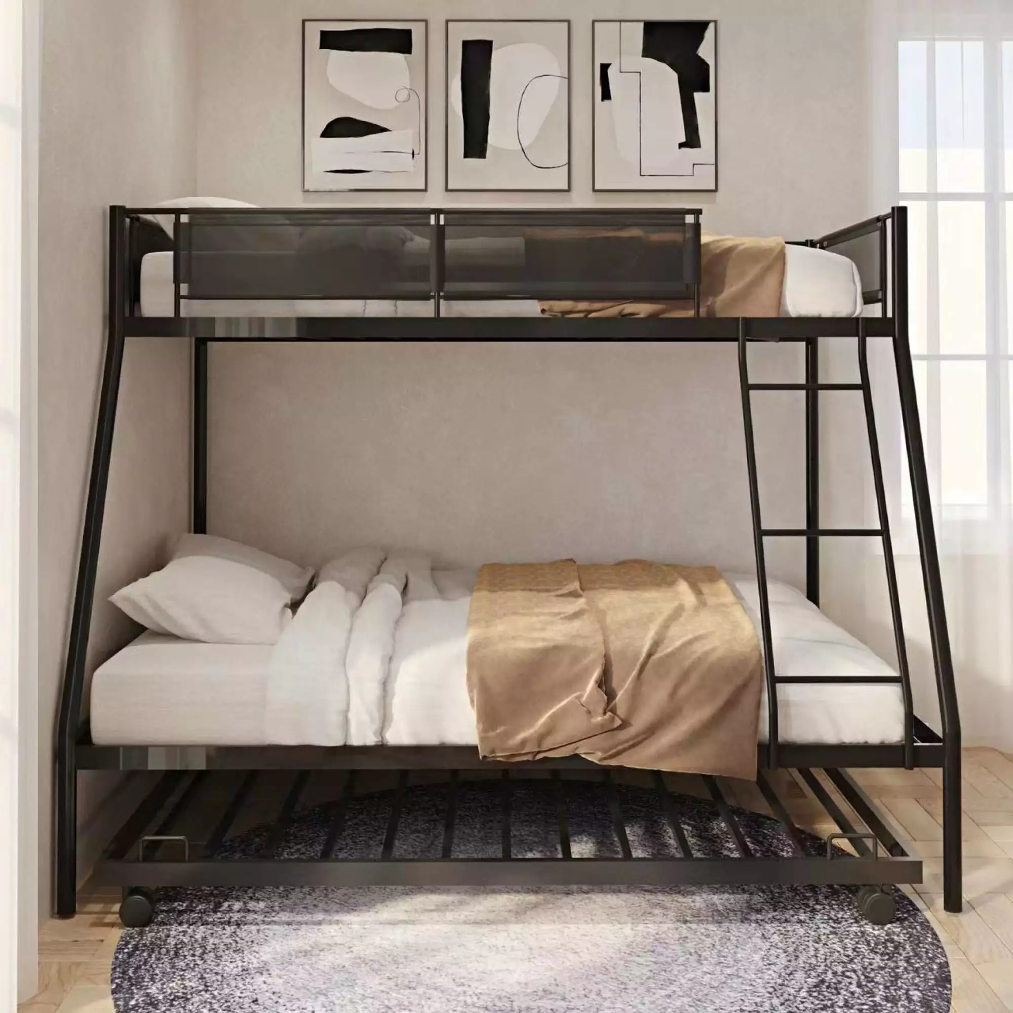 Twin Over Full Metal Bunk Bed Trundle and Noise-Free Wood Slats 3 Sleepers Clipeyh