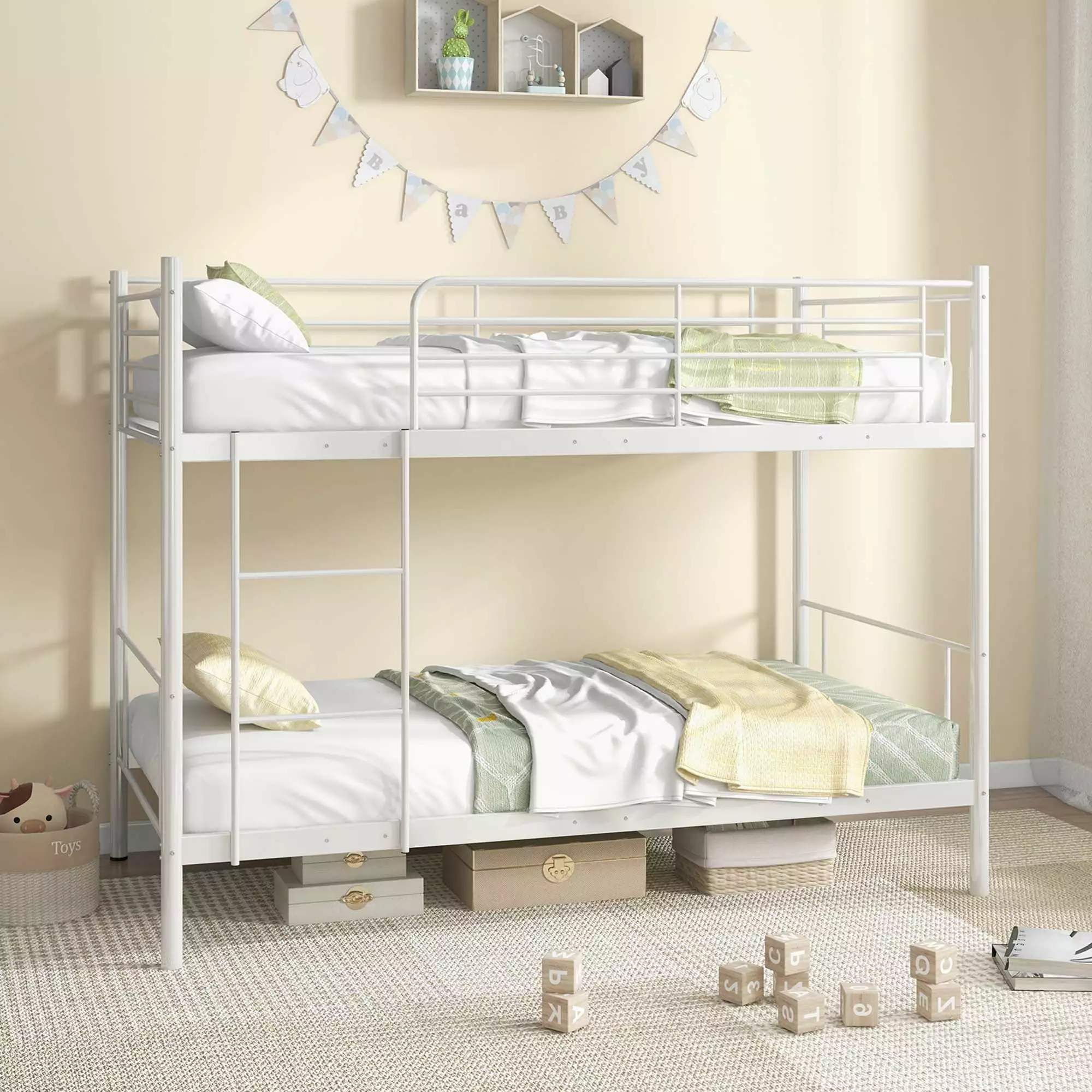 Costway Metal Twin Over Twin Bunk Bed Built- Ladder and Guardrail White