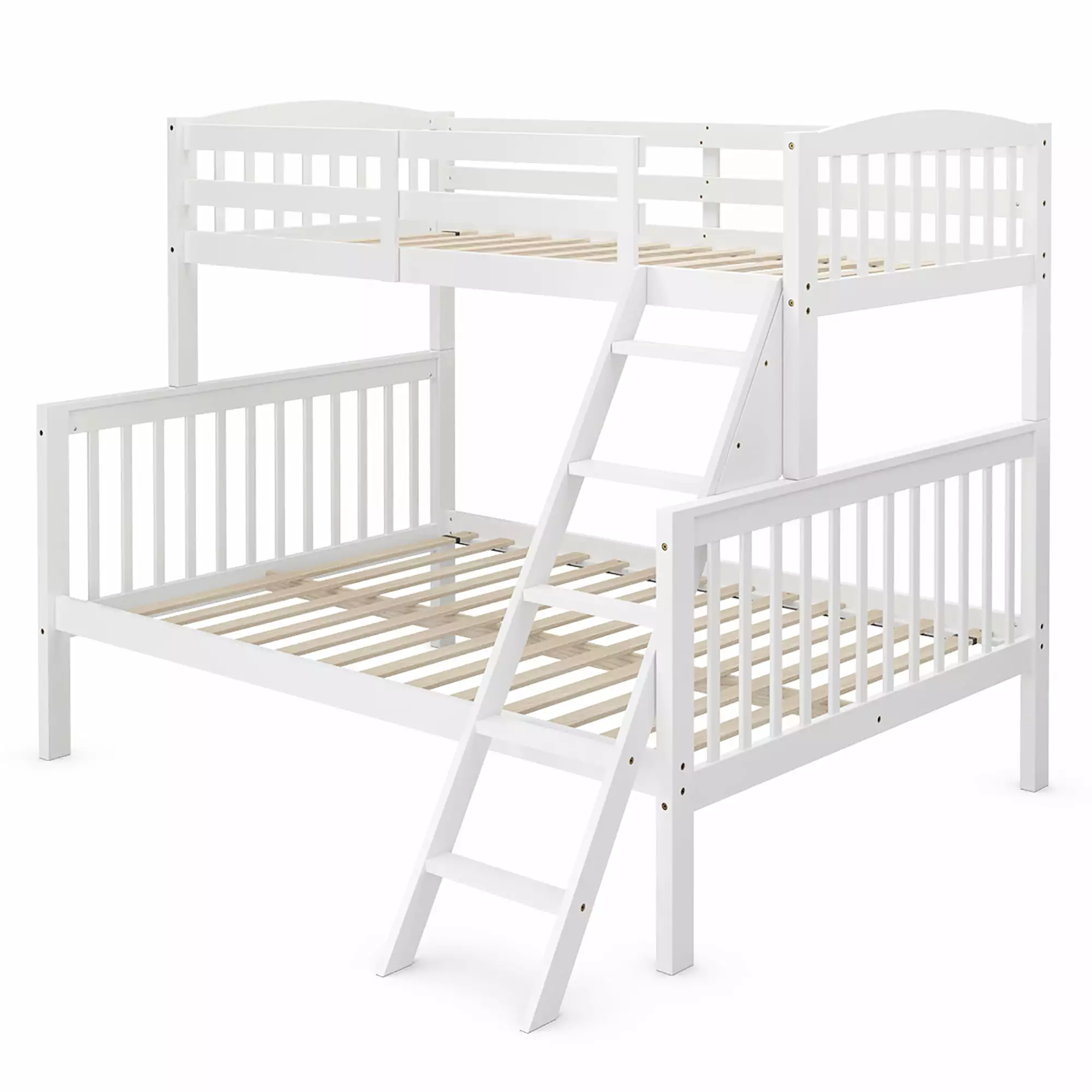 Costway Twin over Full Bunk Bed Rubber Wood Convertible Ladder Guardrail White