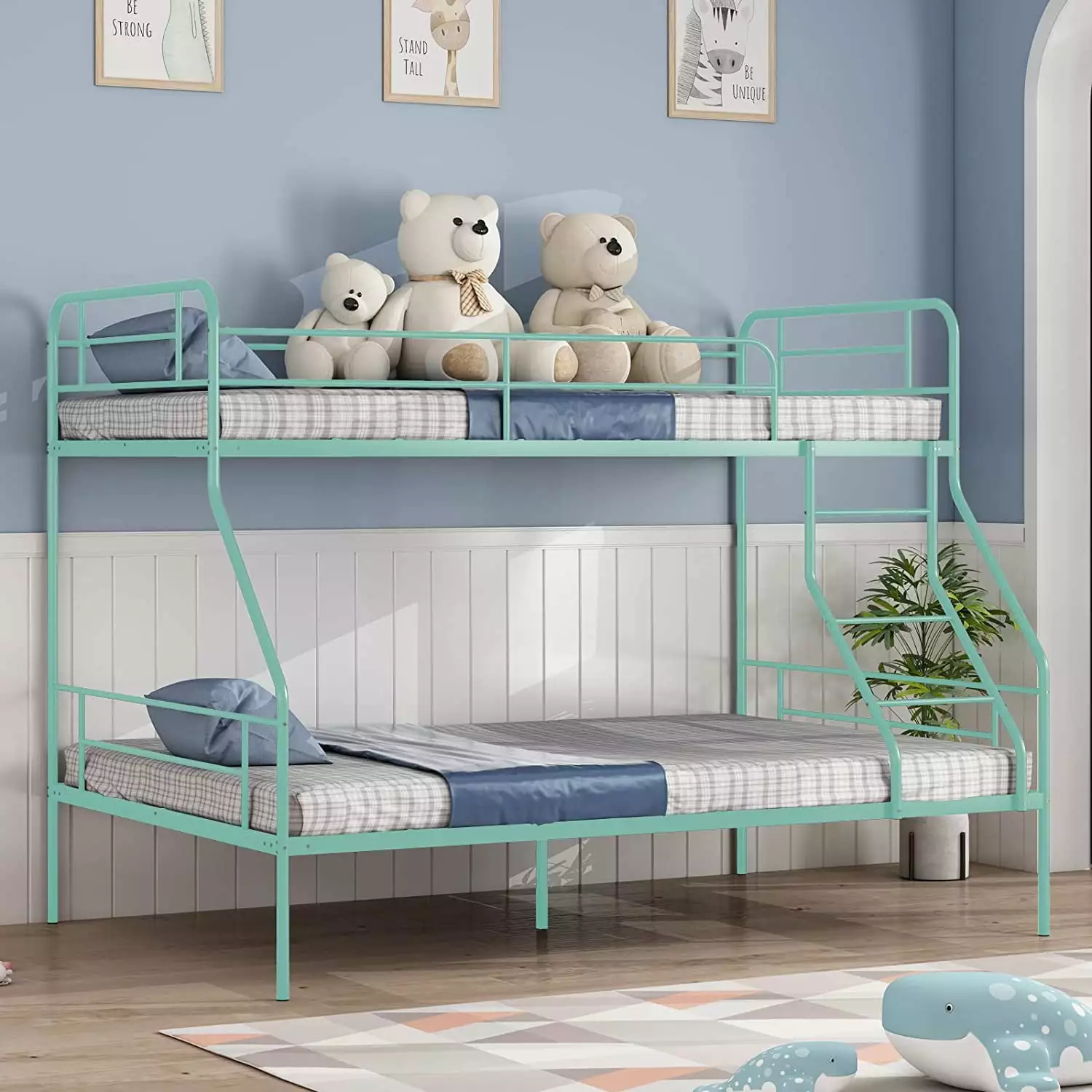 Cuoote Twin over Full Bunk Bed w/Ladder and Guardrail Space-Saving Design No Box Spring Needed Mint Green