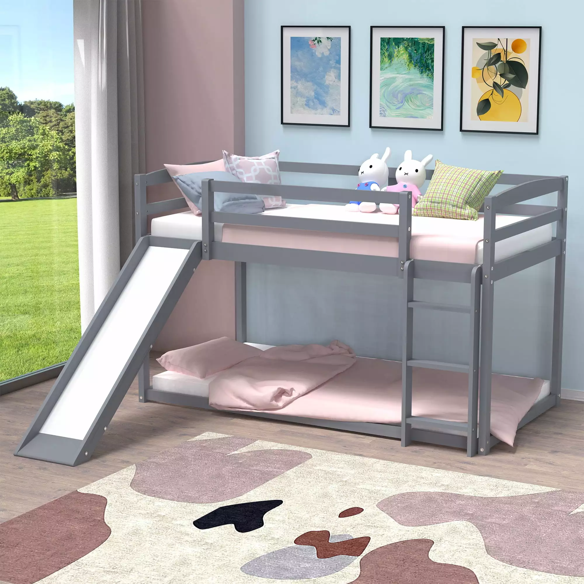 DreamBuck Bunk Bed Twin over Twin Slide Solid Wood Twin Bunk Bed Ladder Floor Bunk Bed Kids Teens Adults Low Bunk Bed Spac...