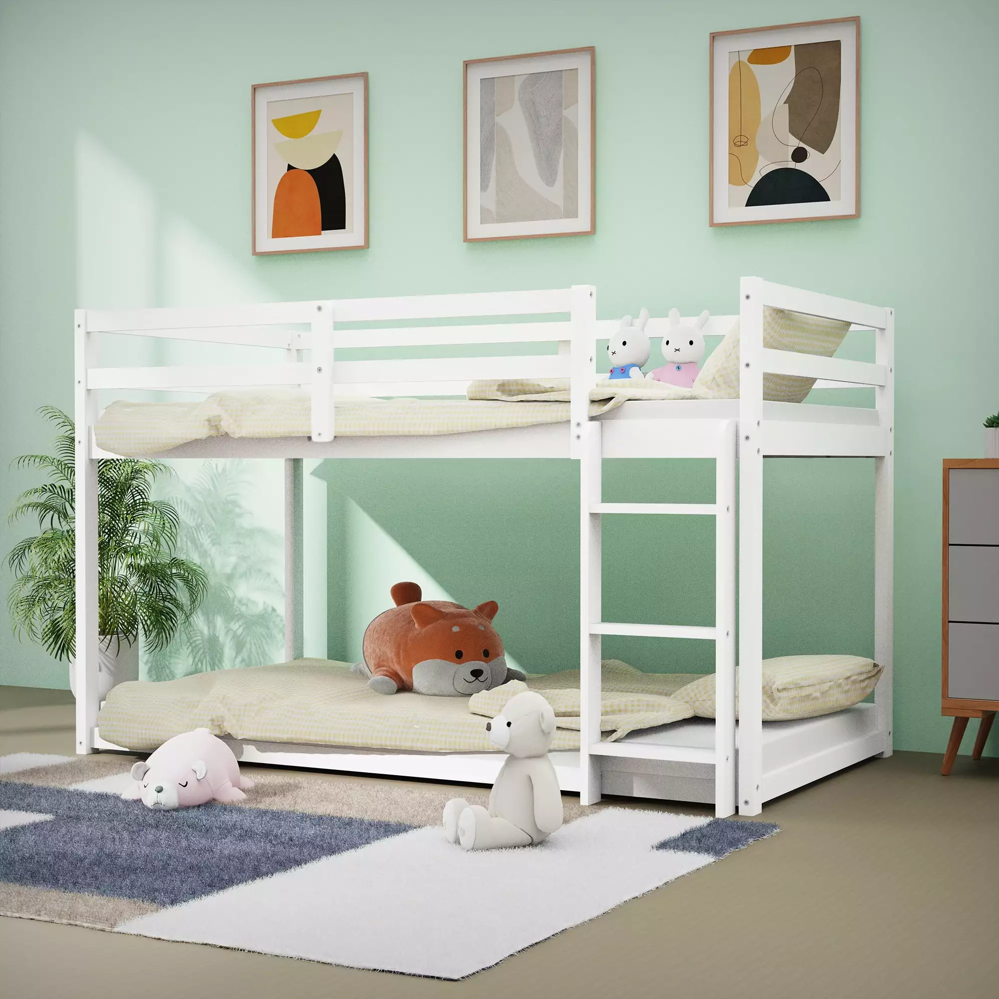 DreamBuck Bunk Bed Twin over Twin Solid Wood Frame Ladder Guard Rails Kids Teens Adults White